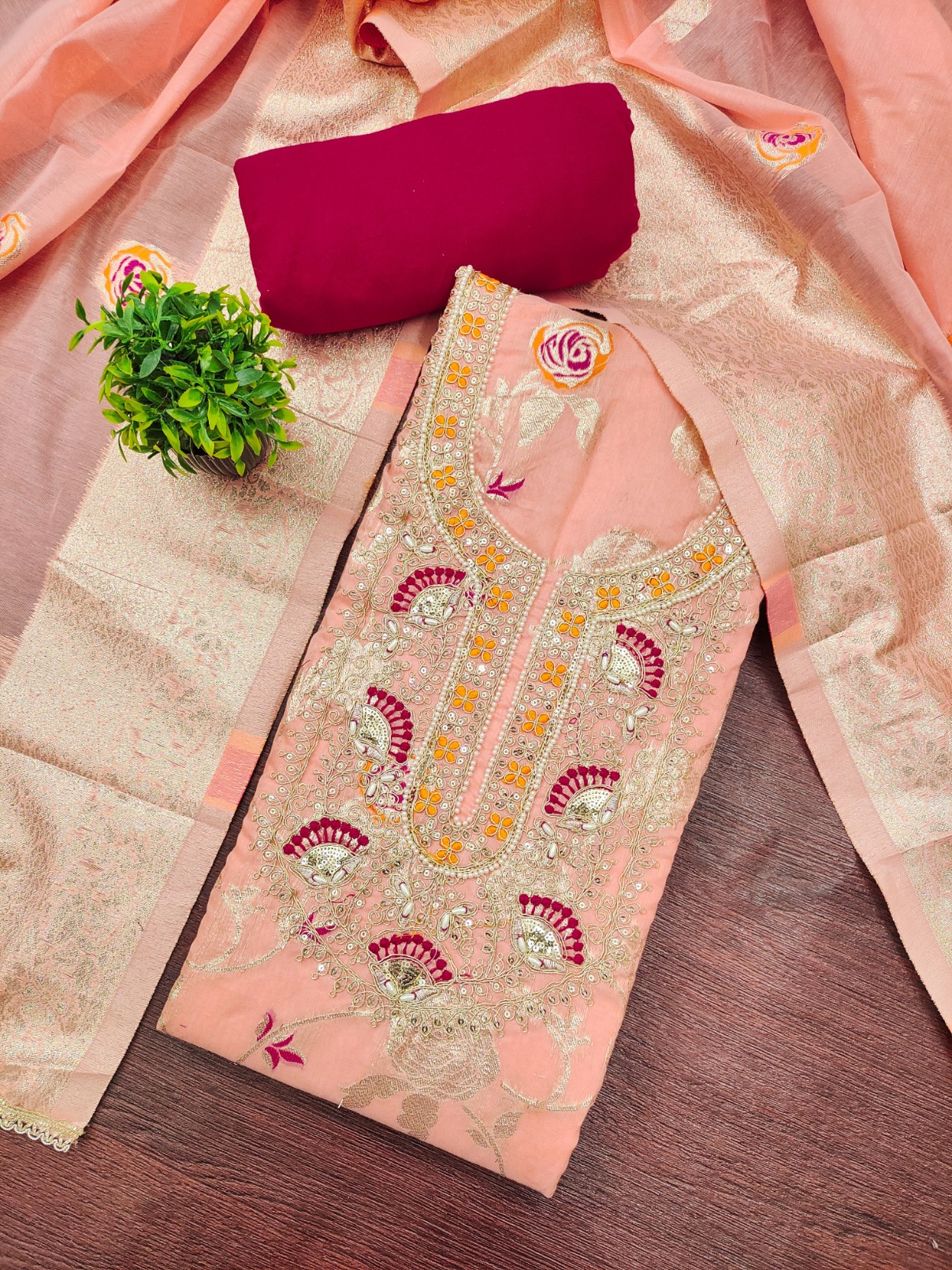 Peach Banarasi Cotton Woven Elegance Straight Salwar Suit