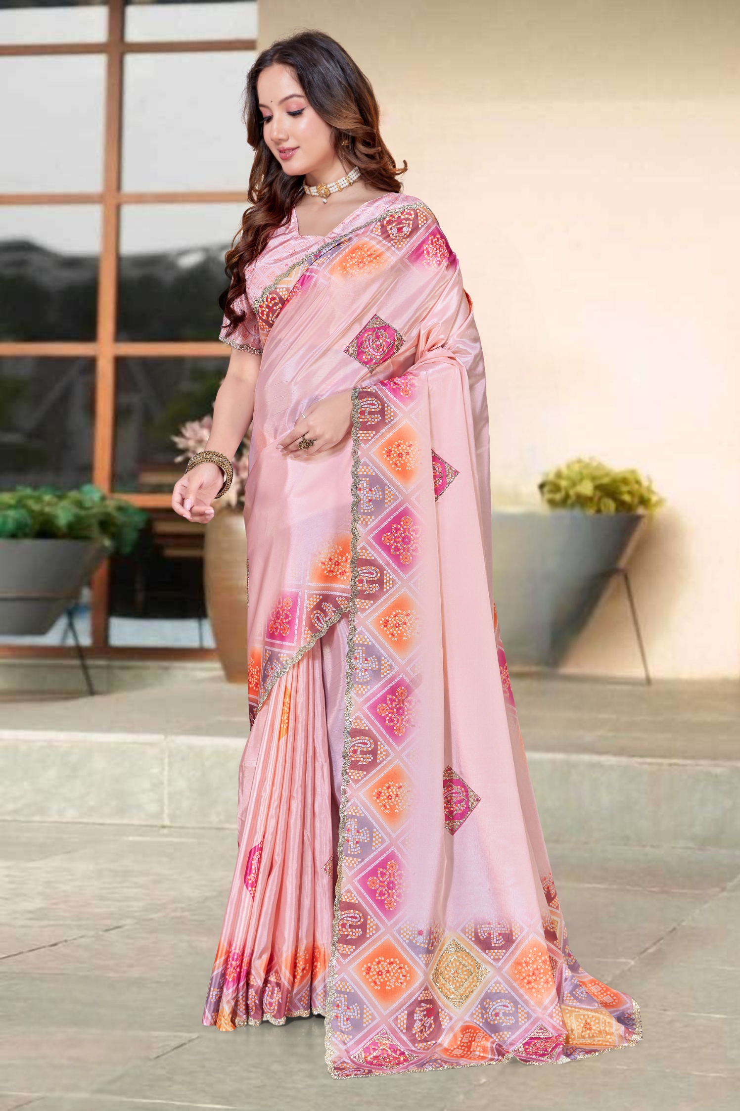 Peach Bandani Zircon Silk Saree