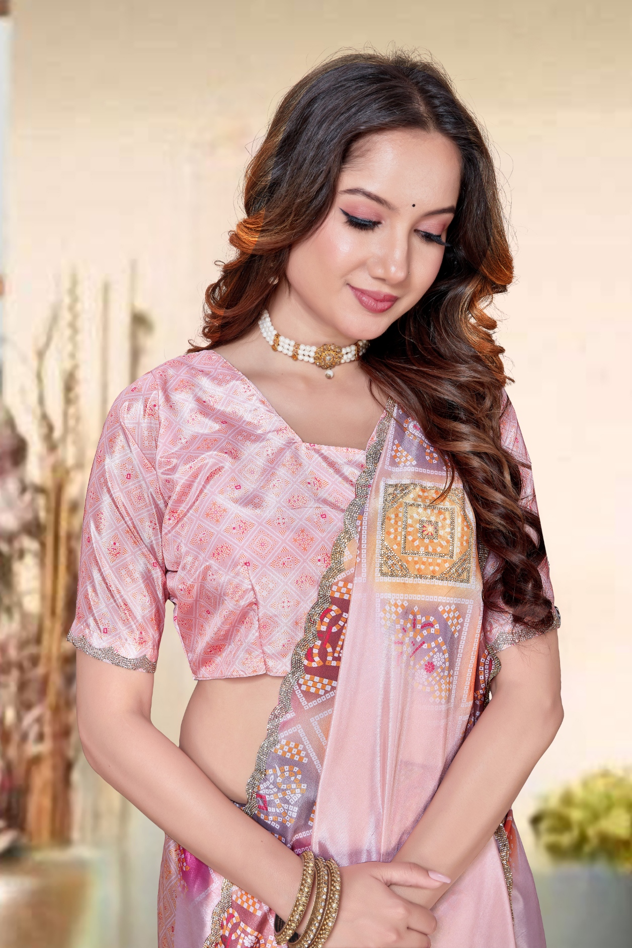 Peach Bandani Zircon Silk Saree
