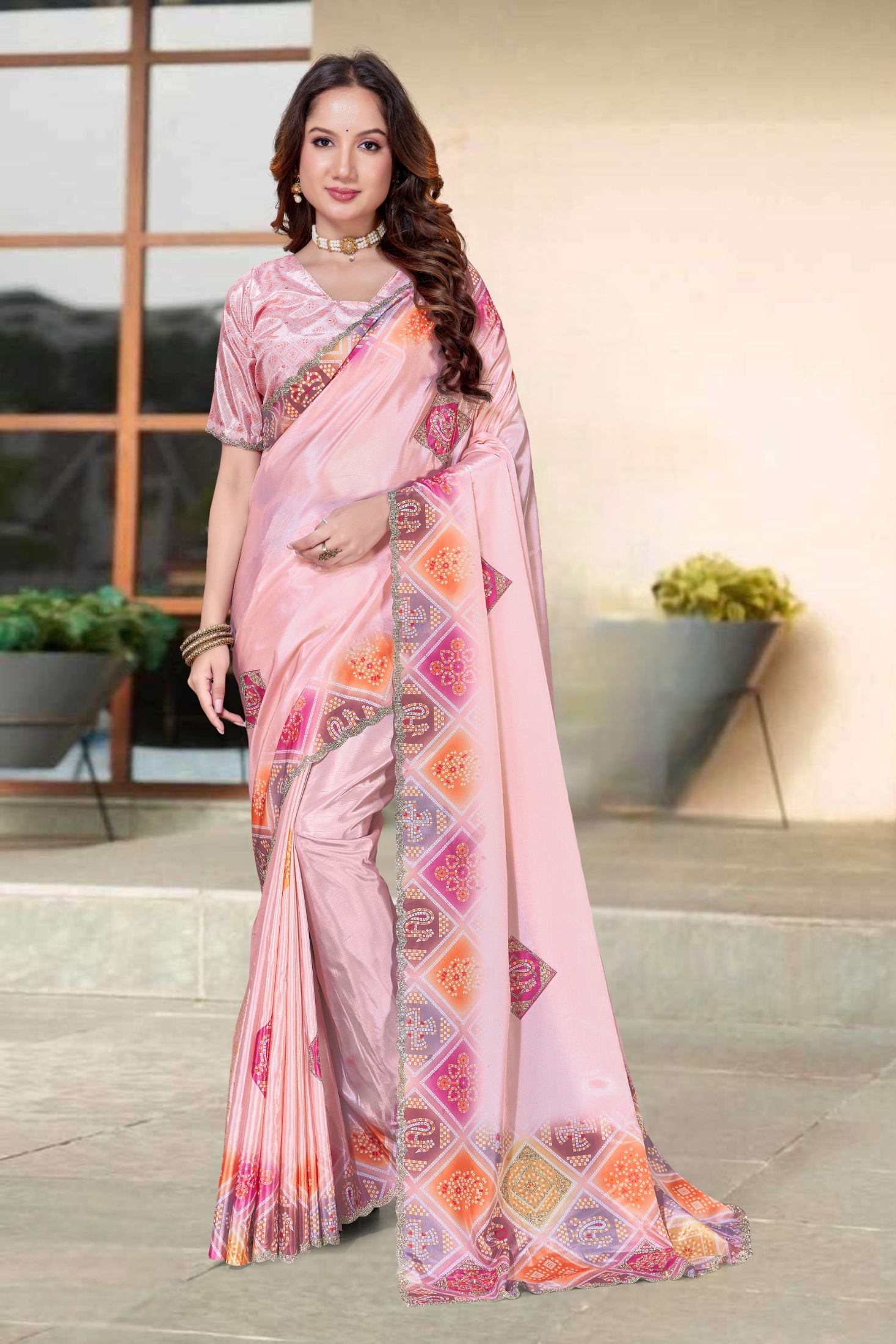 Peach Bandani Zircon Silk Saree