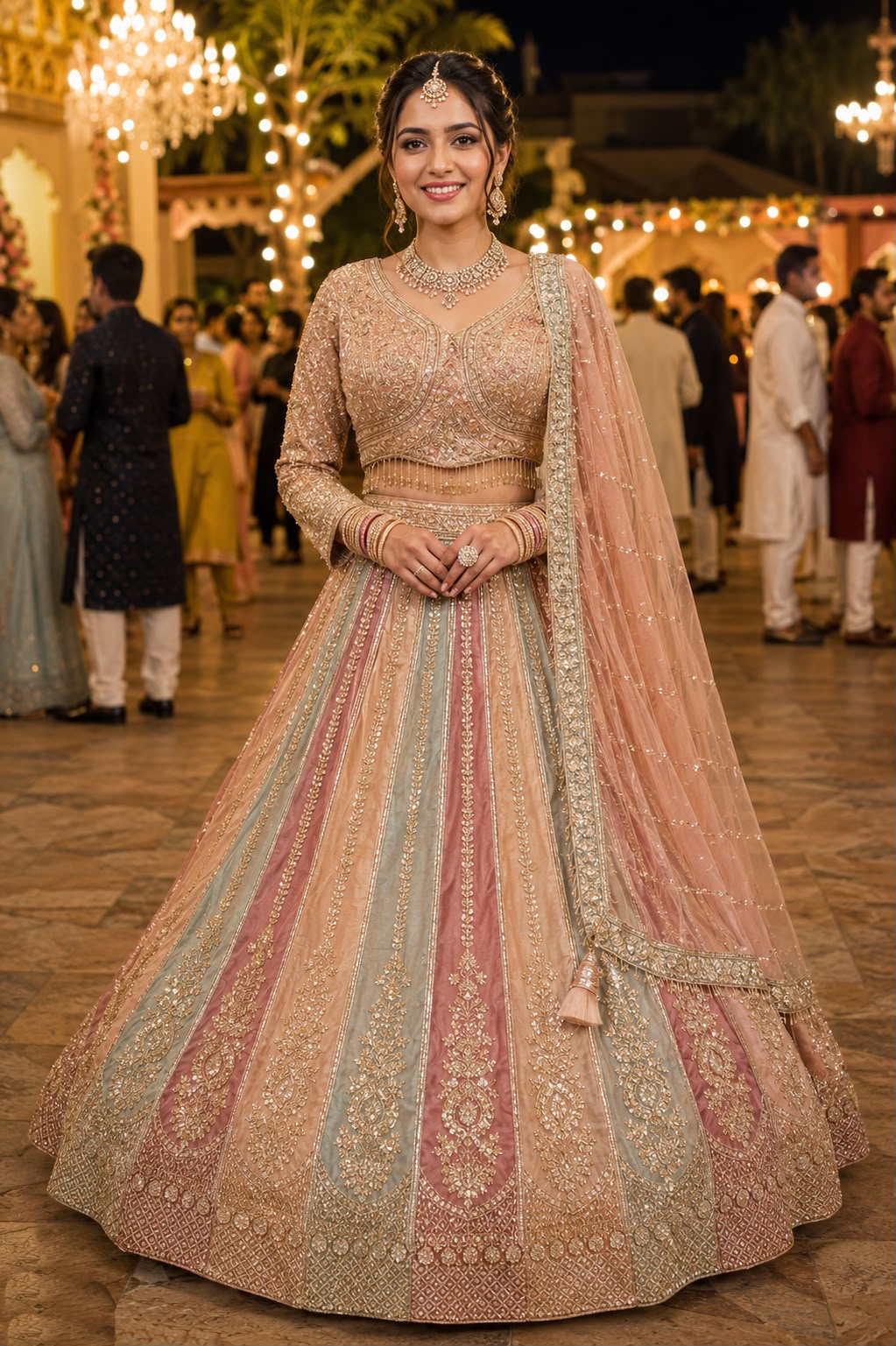 Peach Beads Work Premium Net Lehenga Choli