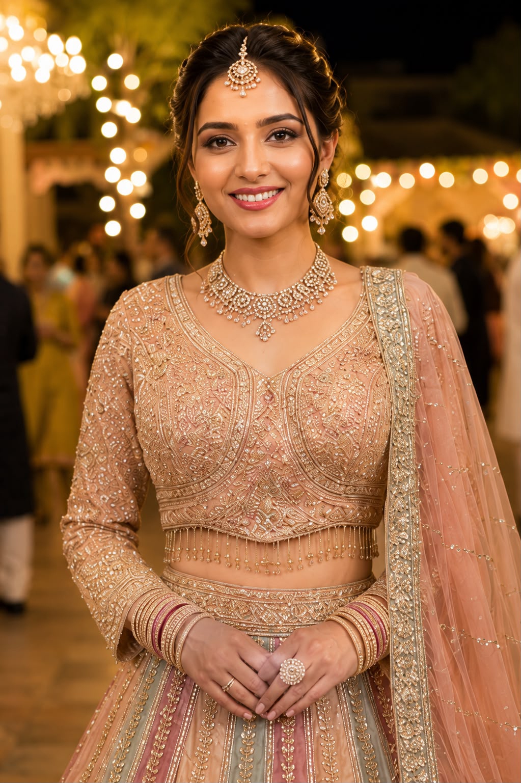 Peach Beads Work Premium Net Lehenga Choli