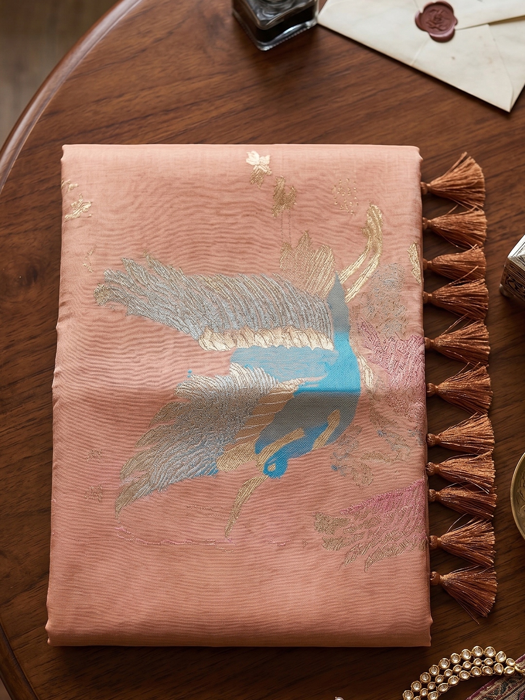 Peach Bird Motif Linen Cotton Saree
