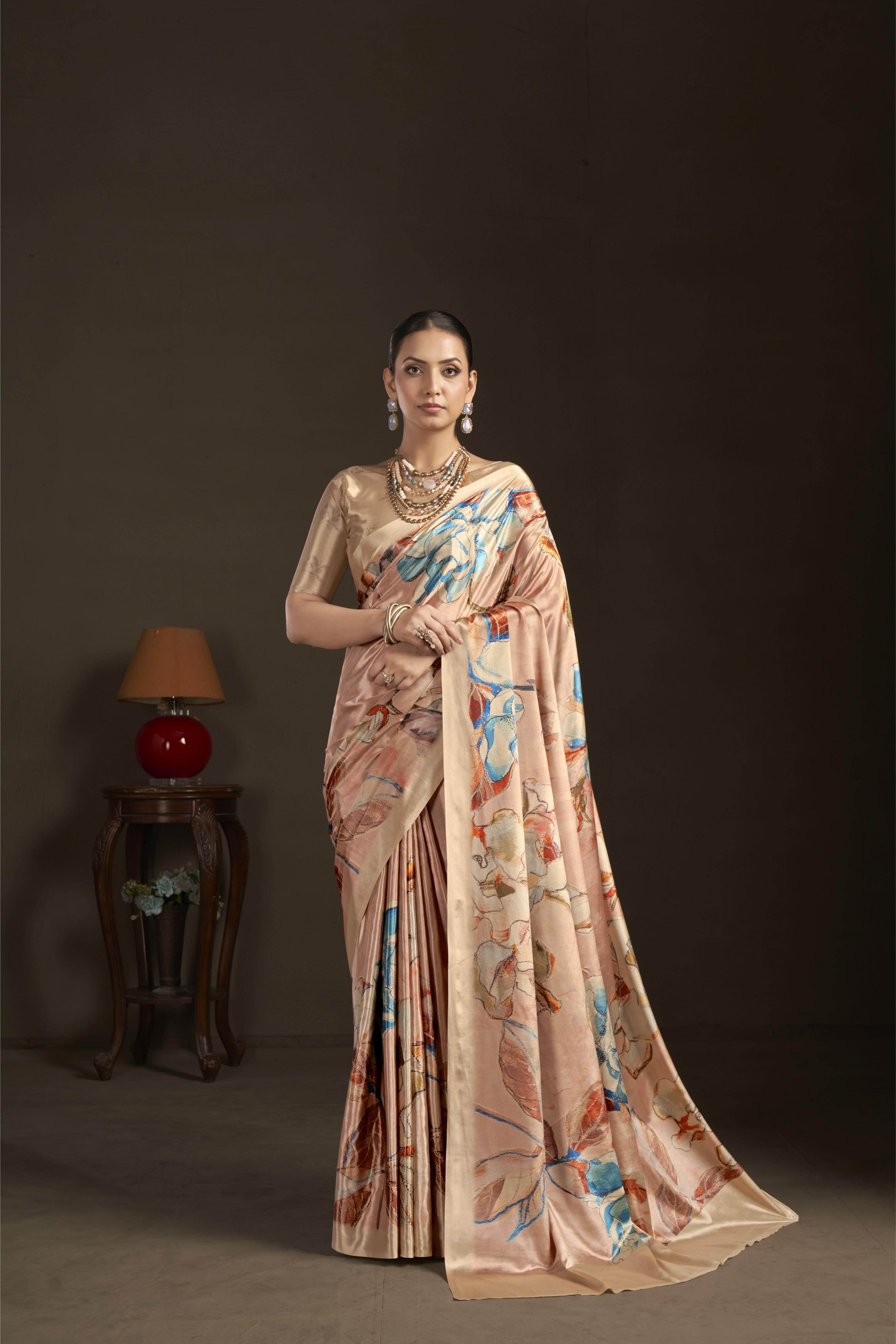 Peach Blue Floral Digital Printed Silk Crepe Ready-to-Wear Saree