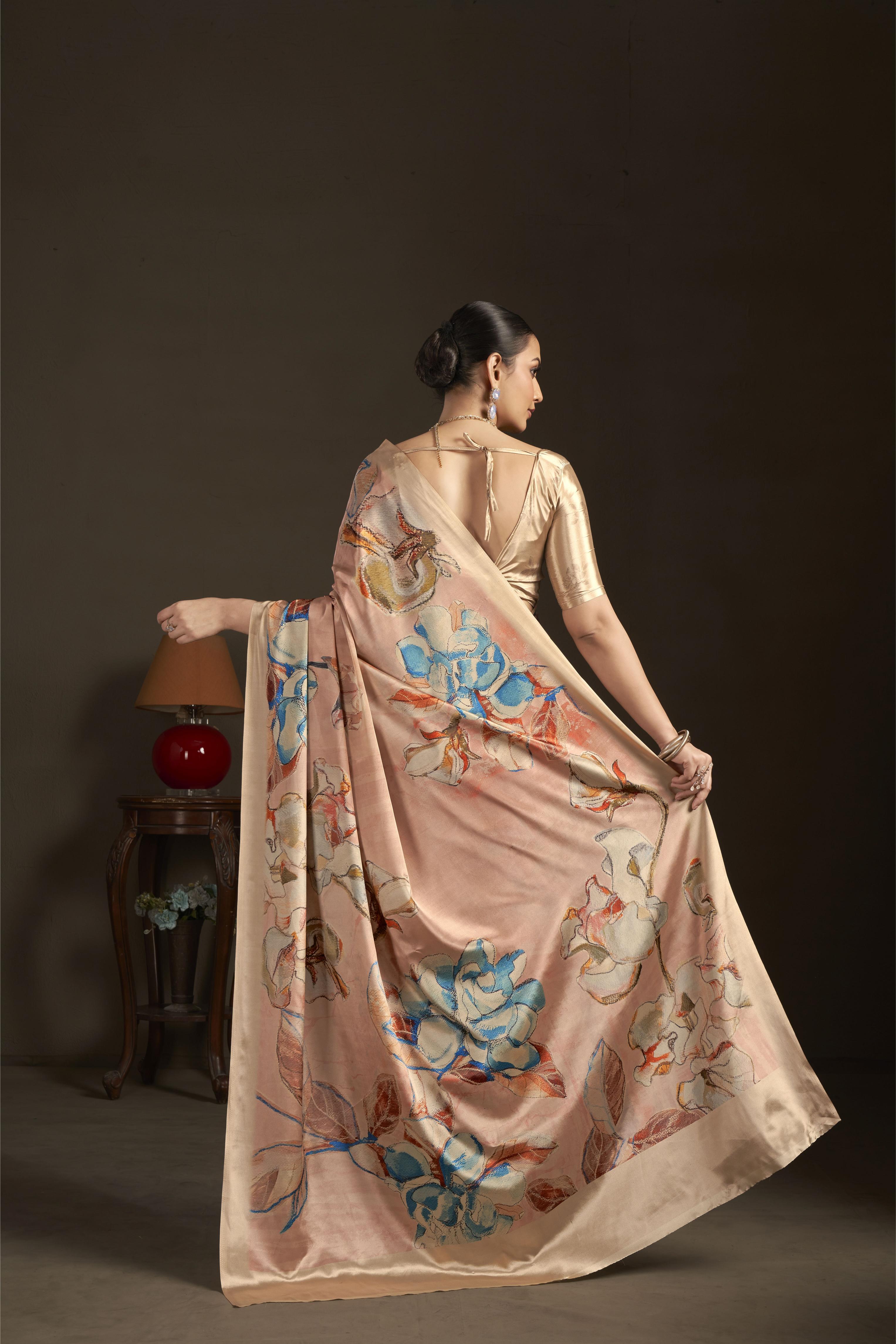 Peach Blue Floral Digital Printed Silk Crepe Ready-to-Wear Saree — alternate view