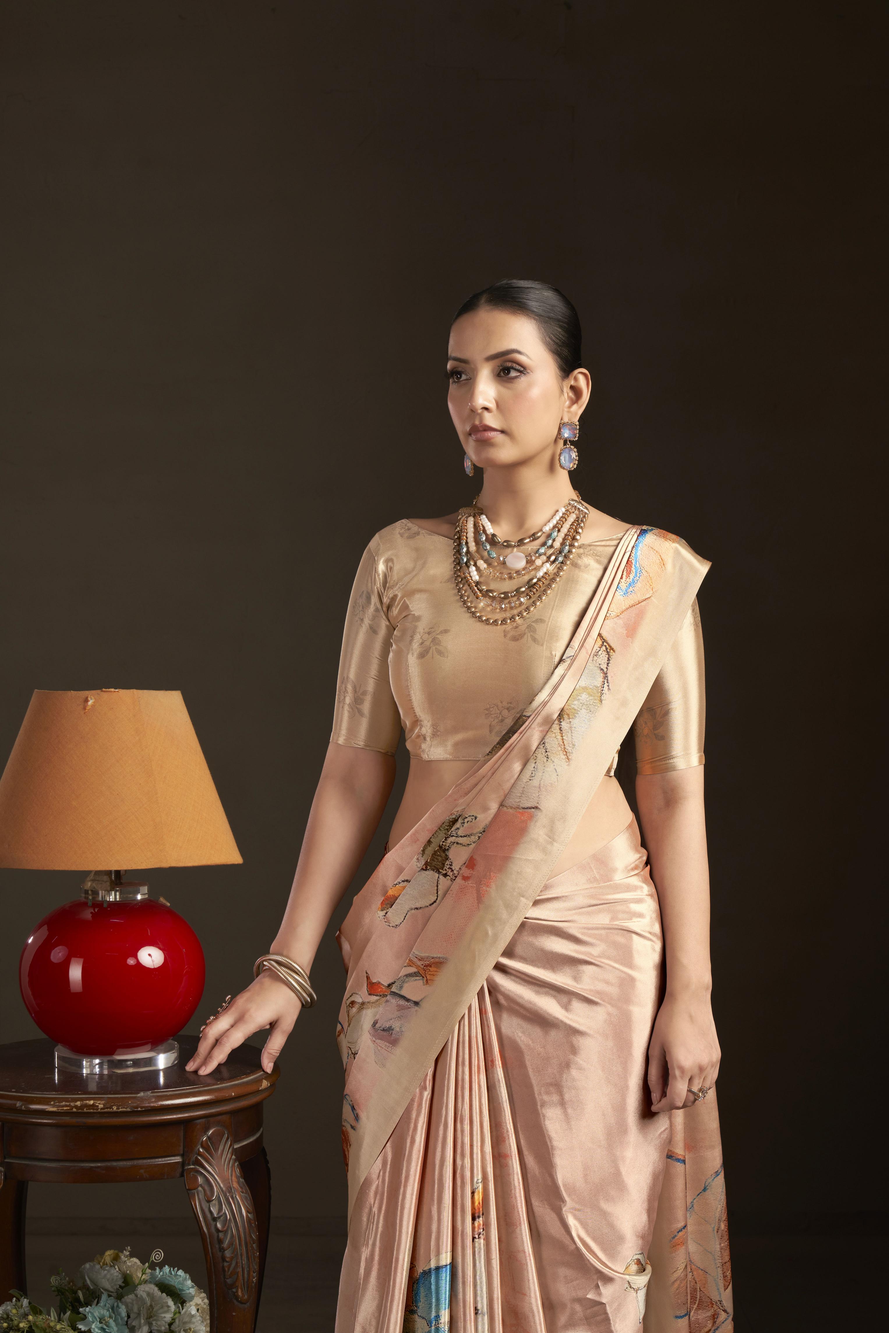 Peach Blue Floral Digital Printed Silk Crepe Ready-to-Wear Saree