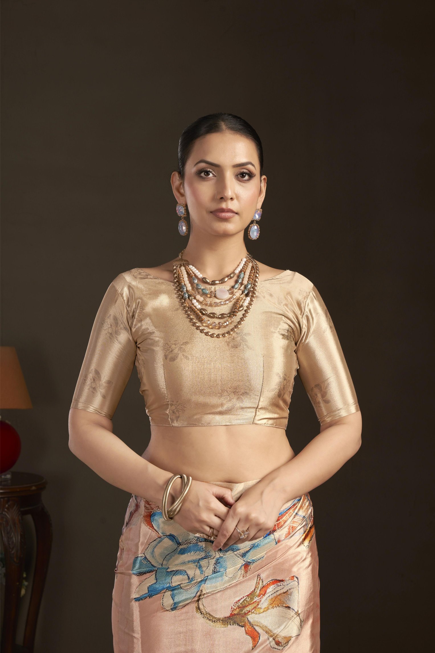 Peach Blue Floral Digital Printed Silk Crepe Ready-to-Wear Saree