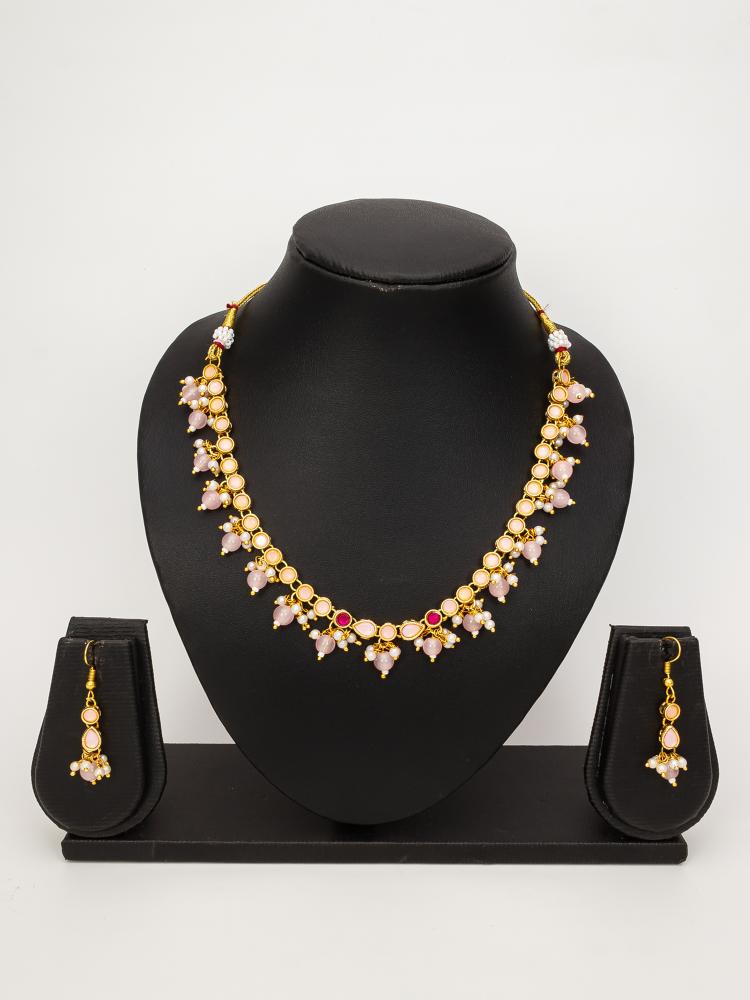 Peach Brass Kundan Necklace Set