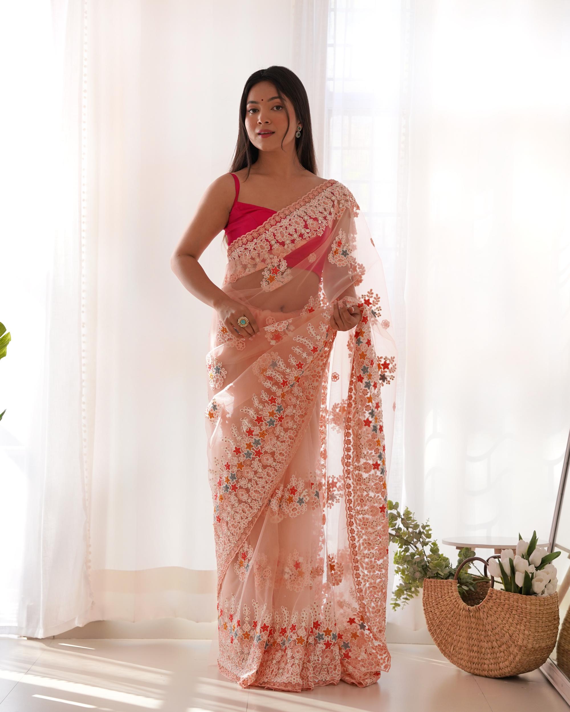 Peach Butterfly Net Saree