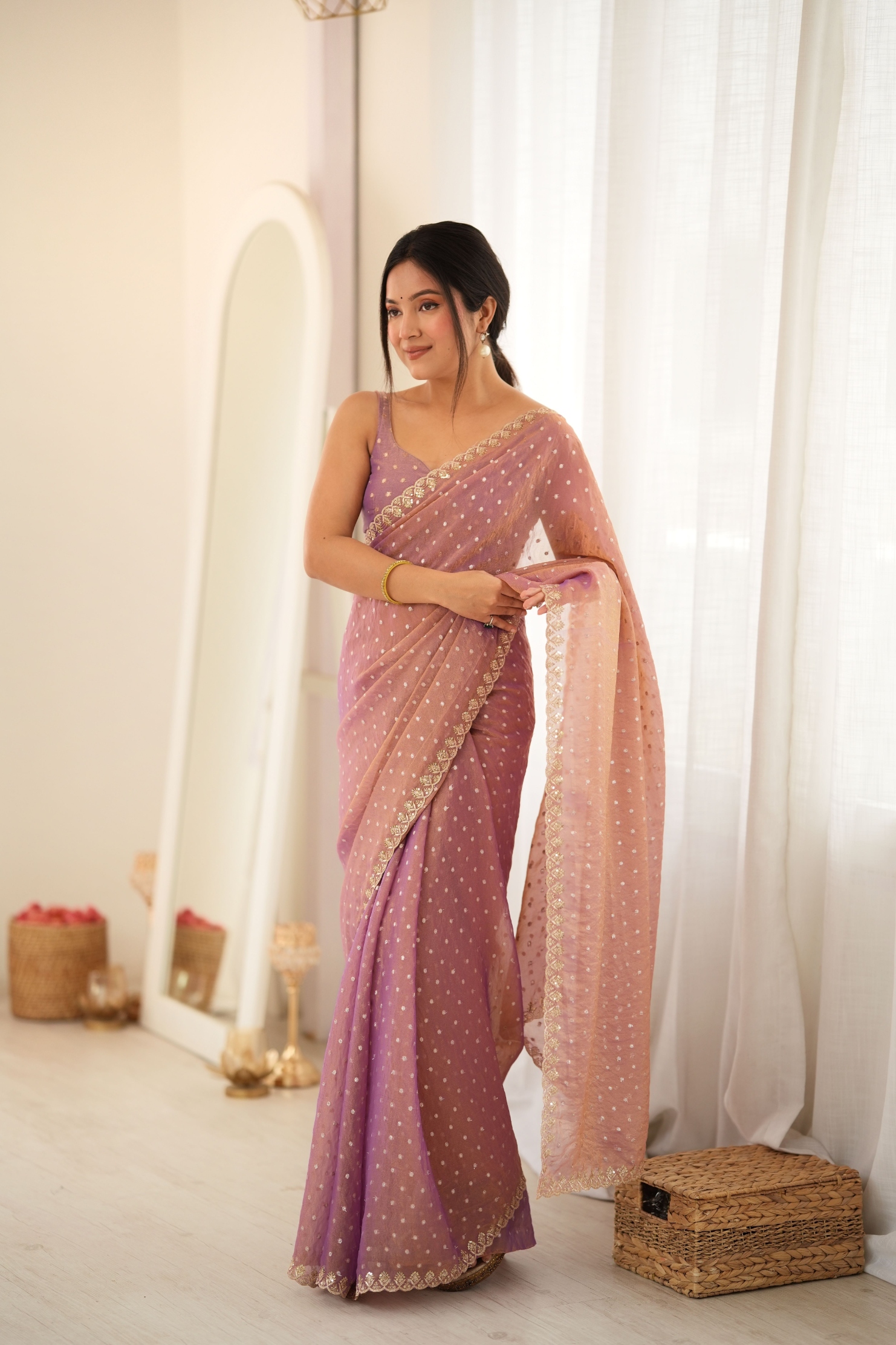 Peach Butti Embroidery Moss Butti Saree