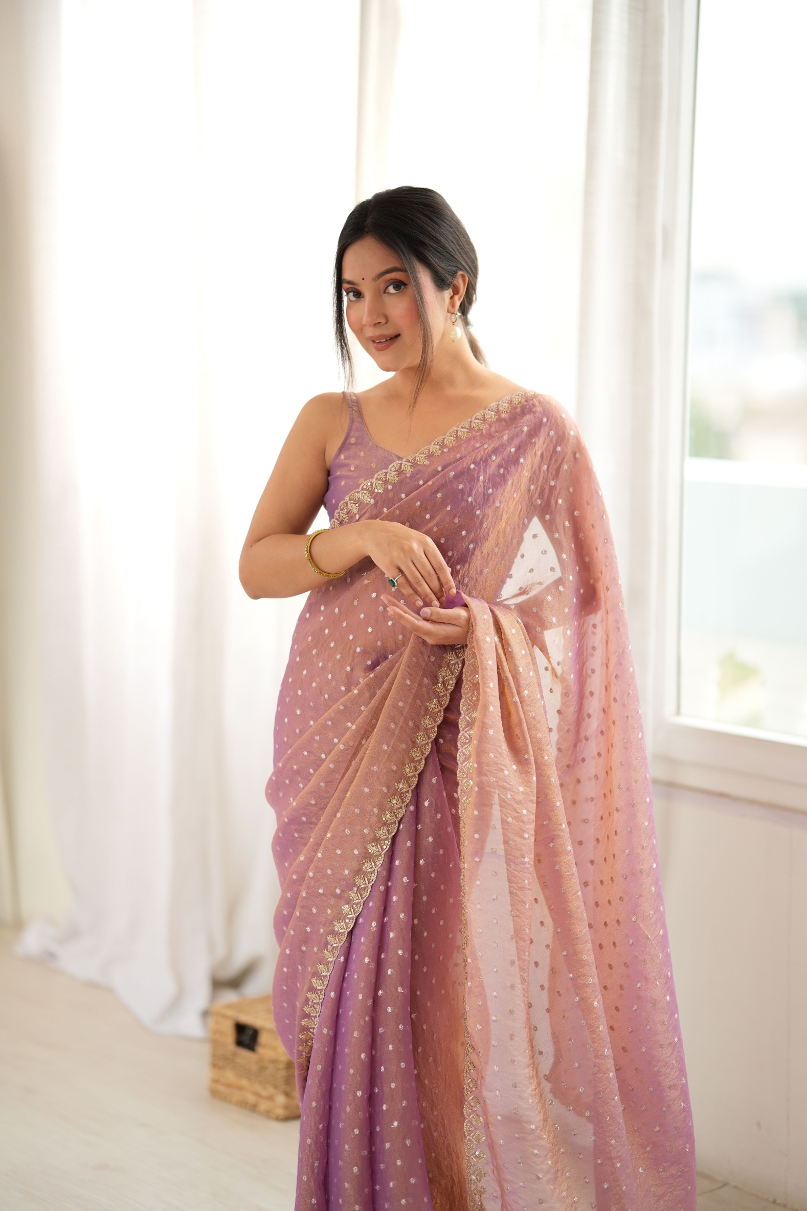 Peach Butti Embroidery Moss Butti Saree