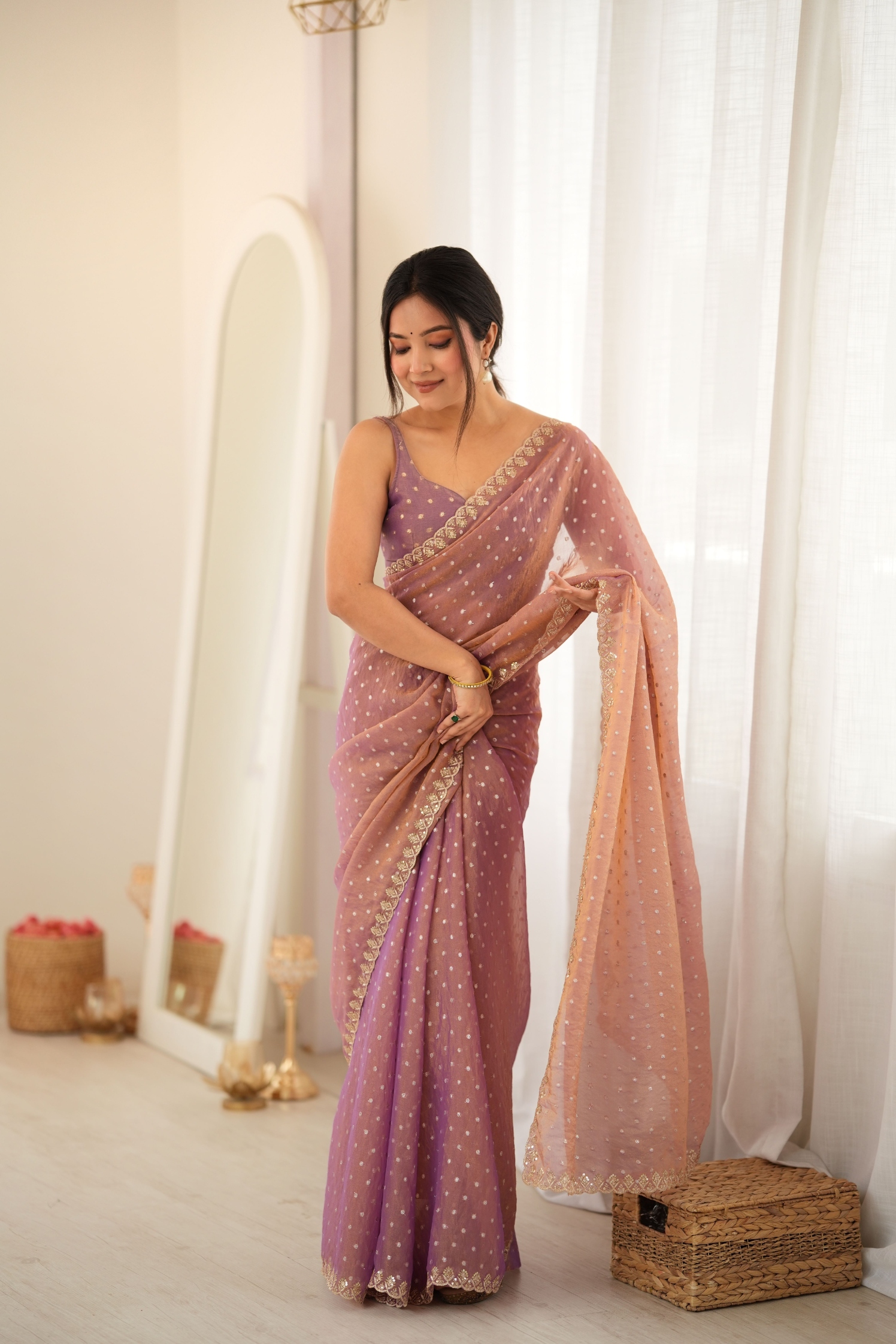 Peach Butti Embroidery Moss Butti Saree