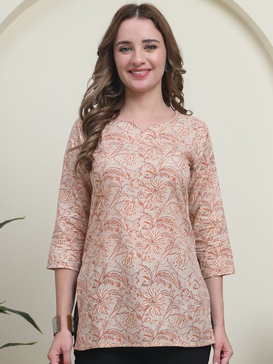 Peach Cambric Cotton Ethnic Floral Print Kurti