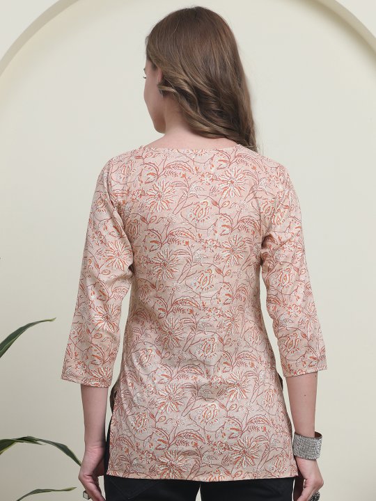 Peach Cambric Cotton Ethnic Floral Print Kurti — alternate view