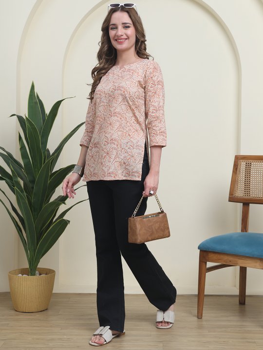 Peach Cambric Cotton Ethnic Floral Print Kurti