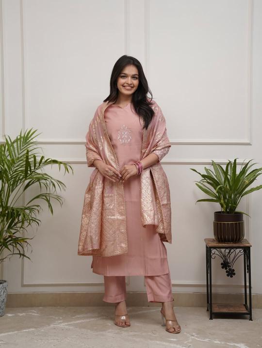 Peach Chanderi Readymade Suits