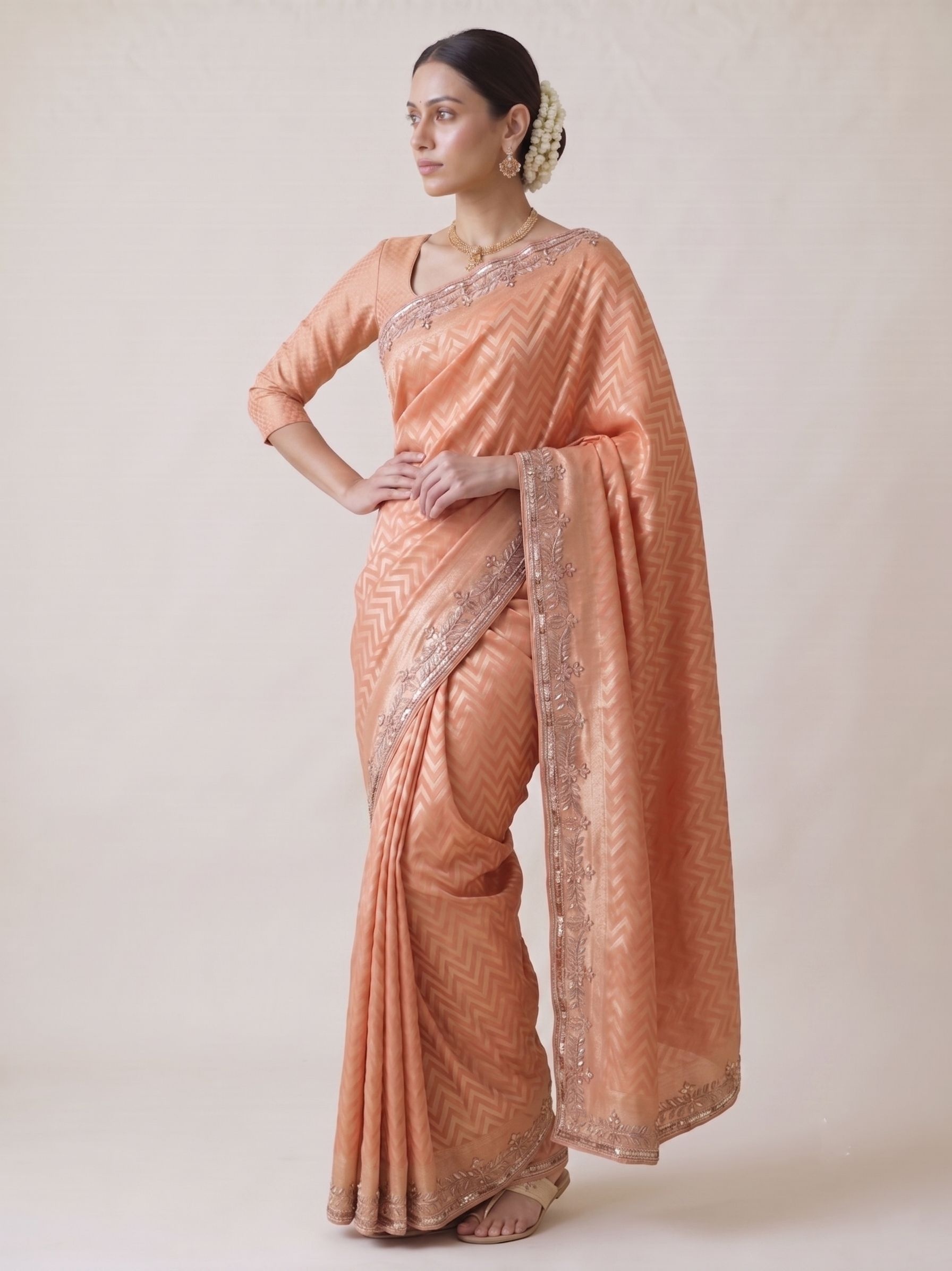 Peach Chevron Hand Work Banarasi Silk Saree