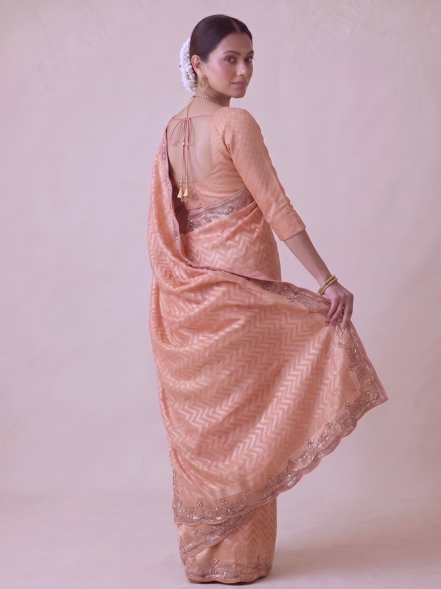 Peach Chevron Hand Work Banarasi Silk Saree — alternate view