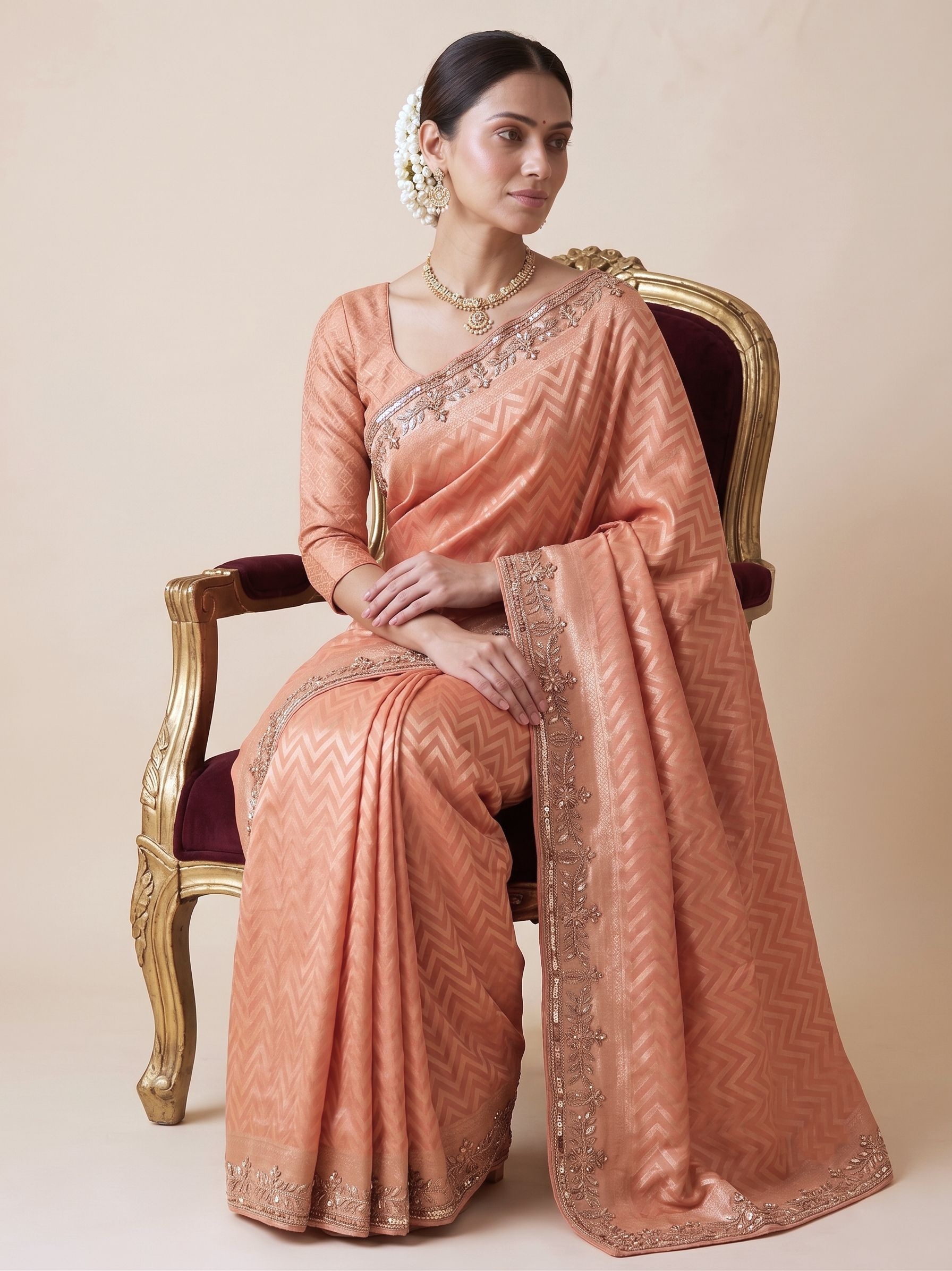Peach Chevron Hand Work Banarasi Silk Saree