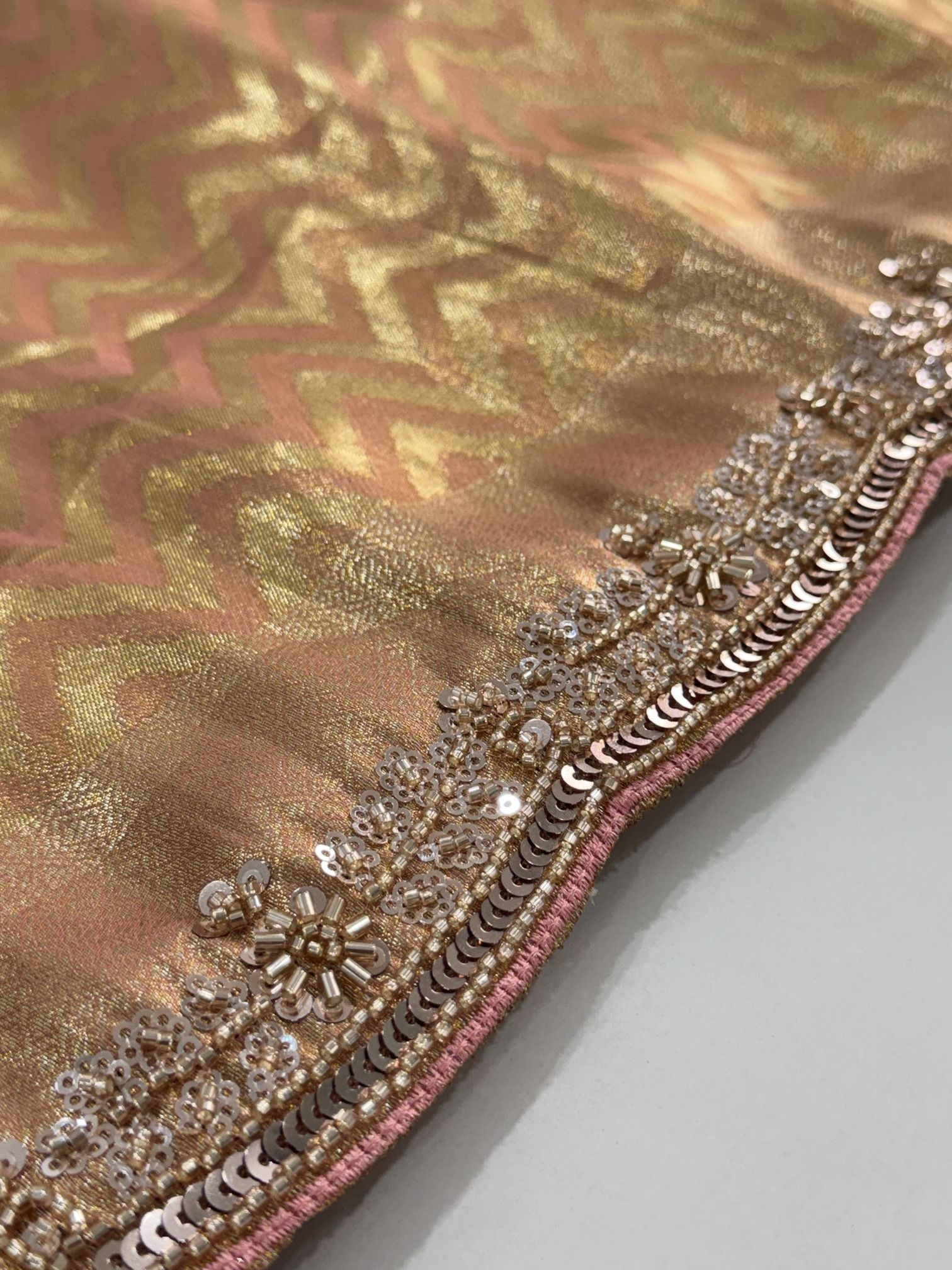 Peach Chevron Hand Work Banarasi Silk Saree