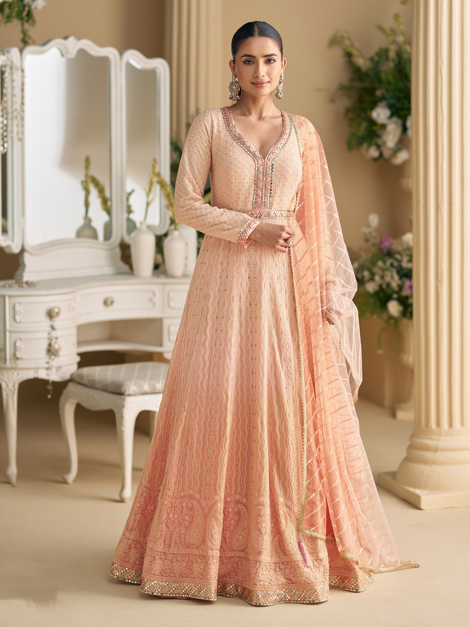 Peach Chikankari Heavy Designer Embroidery Georgette Gown