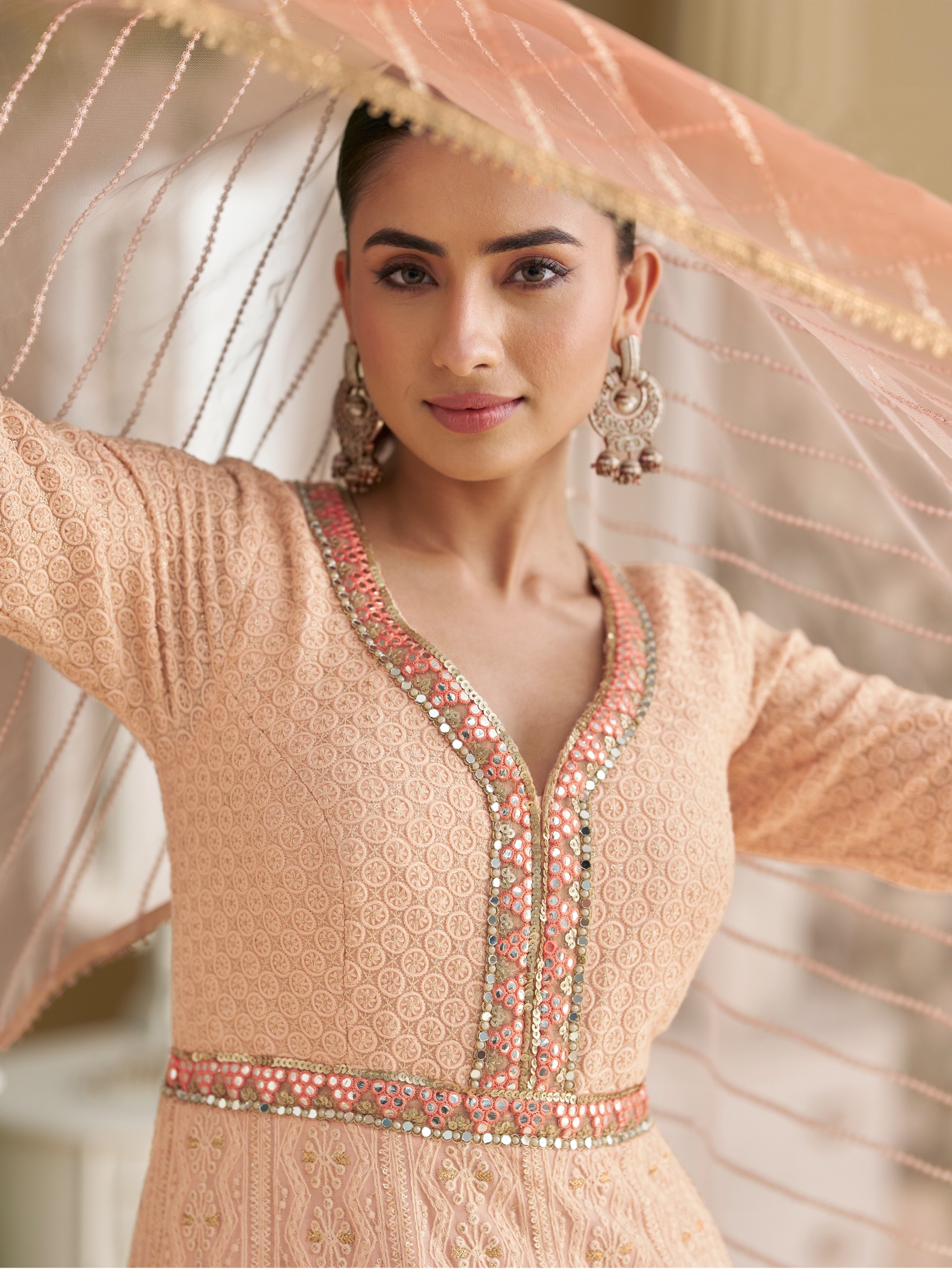 Peach Chikankari Heavy Designer Embroidery Georgette Gown