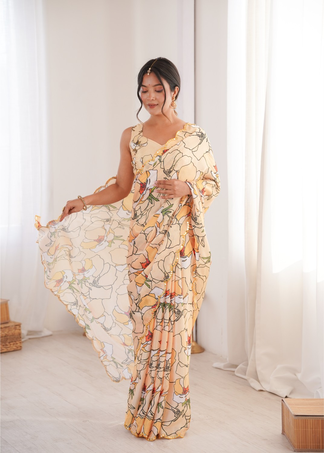 Peach Chinon Digital Printed Mirror Work Saree