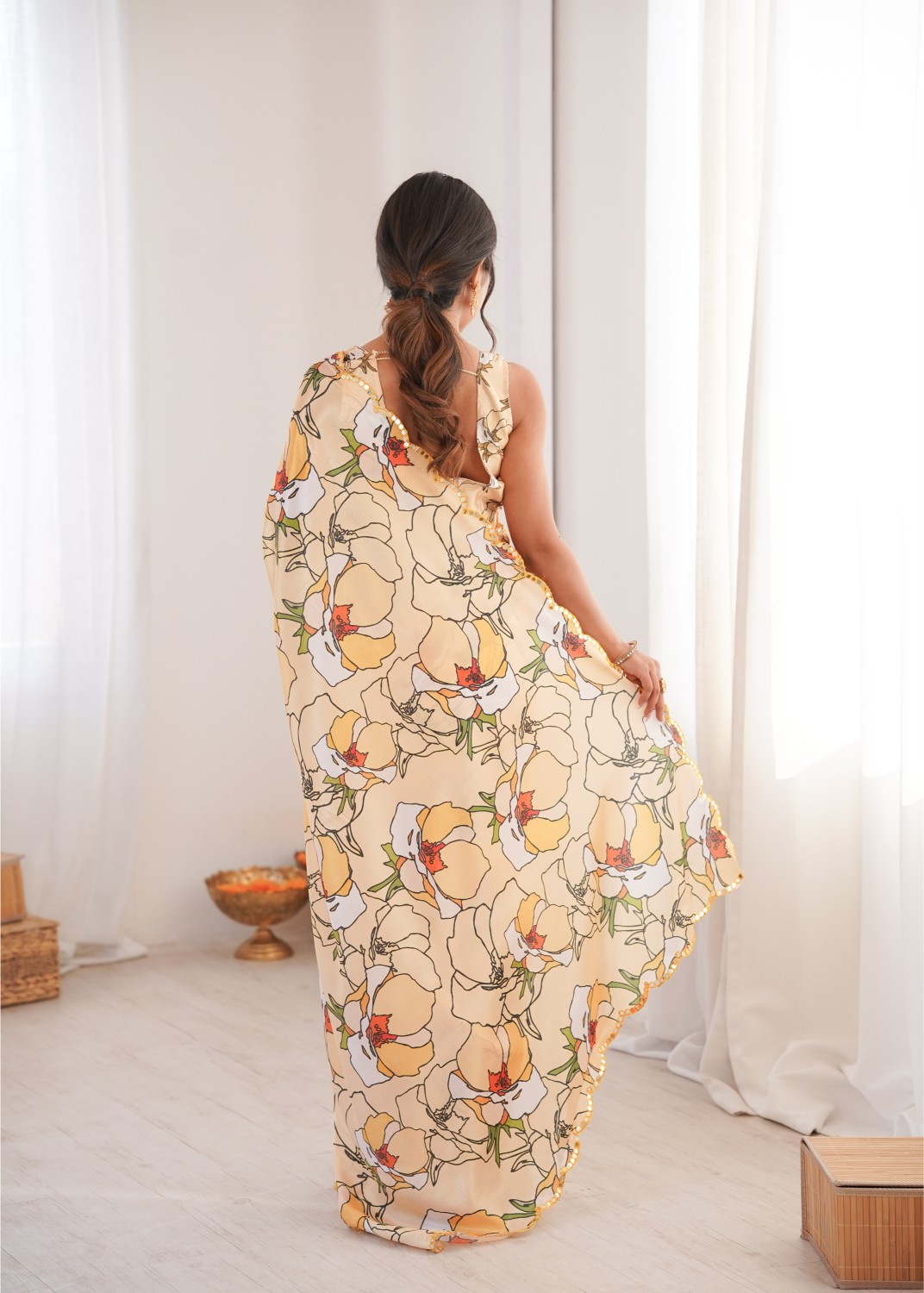 Peach Chinon Digital Printed Mirror Work Saree — alternate view