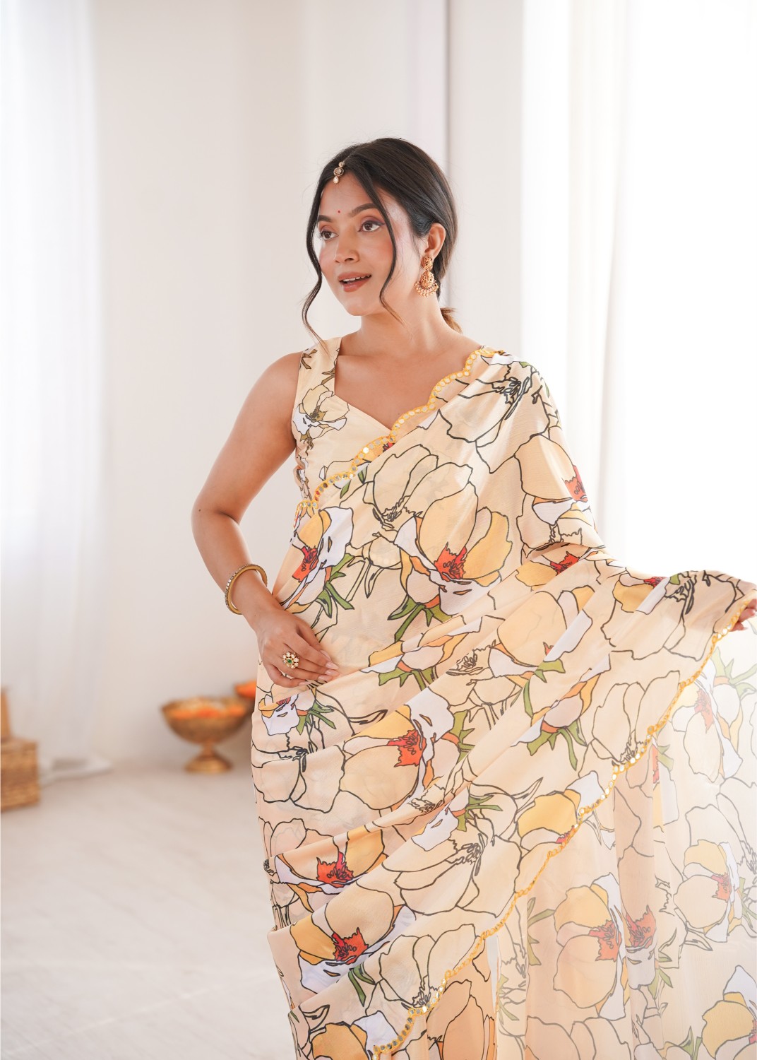 Peach Chinon Digital Printed Mirror Work Saree