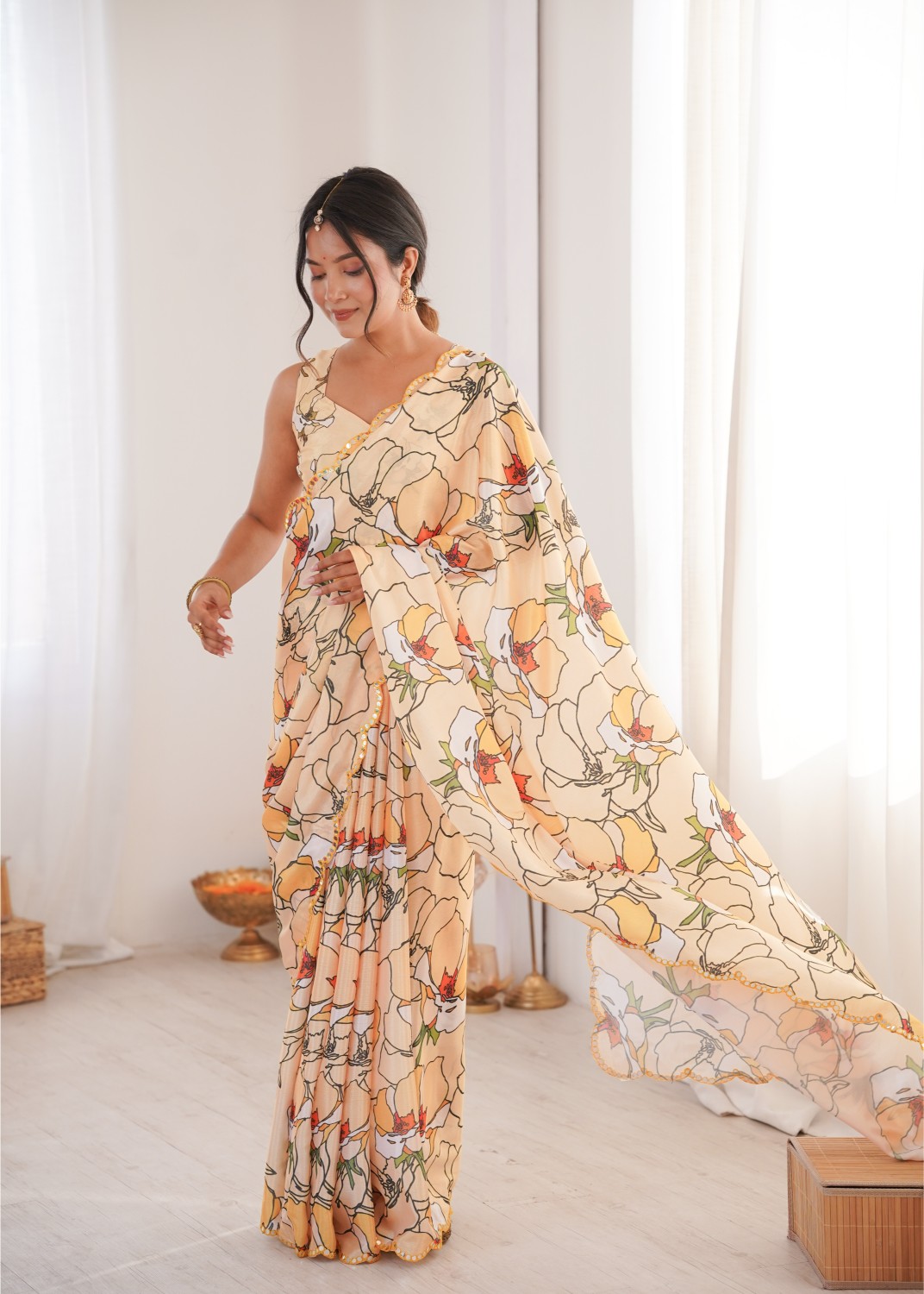 Peach Chinon Digital Printed Mirror Work Saree