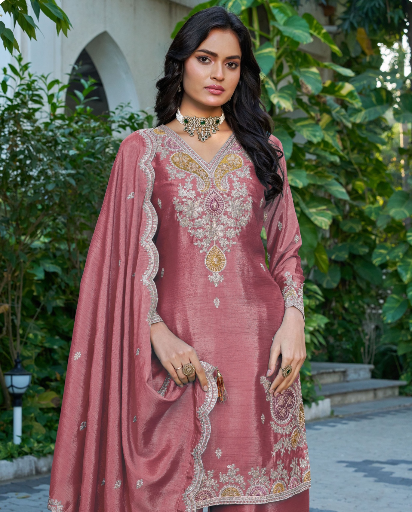 Peach Chinon Embroidered Straight Salwar Suit — alternate view