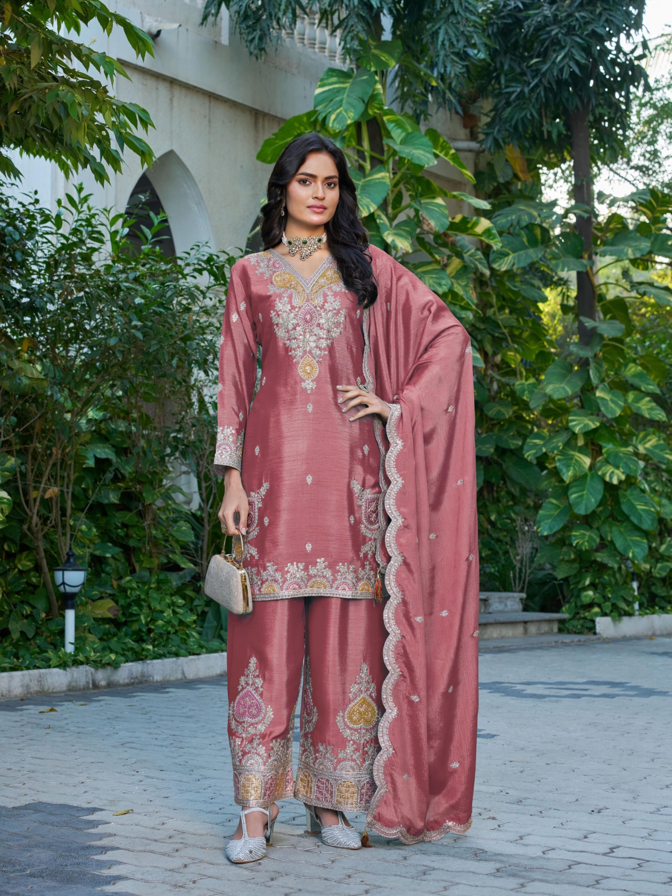Peach Chinon Embroidered Straight Salwar Suit