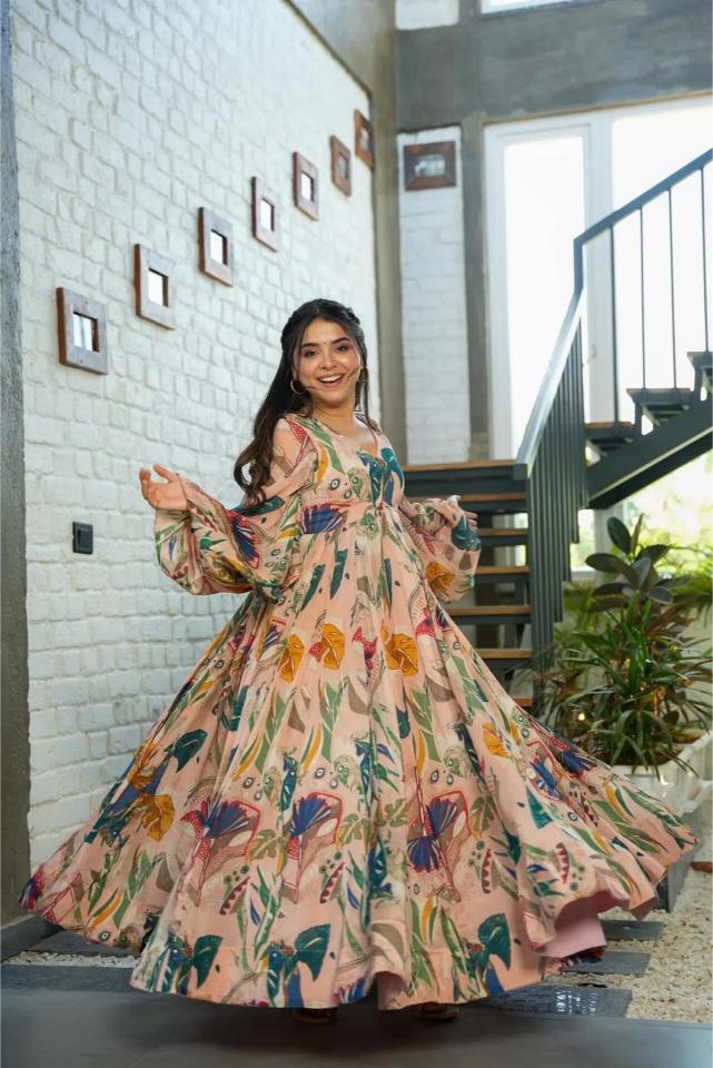 Peach Chinon Printed Gown