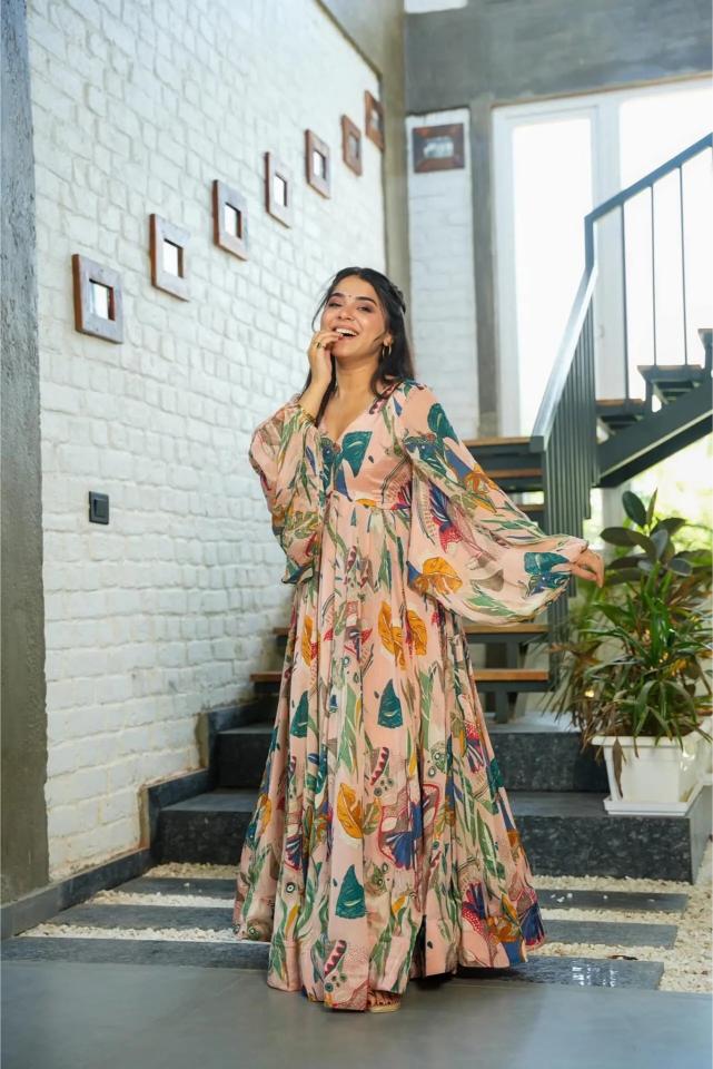 Peach Chinon Printed Gown