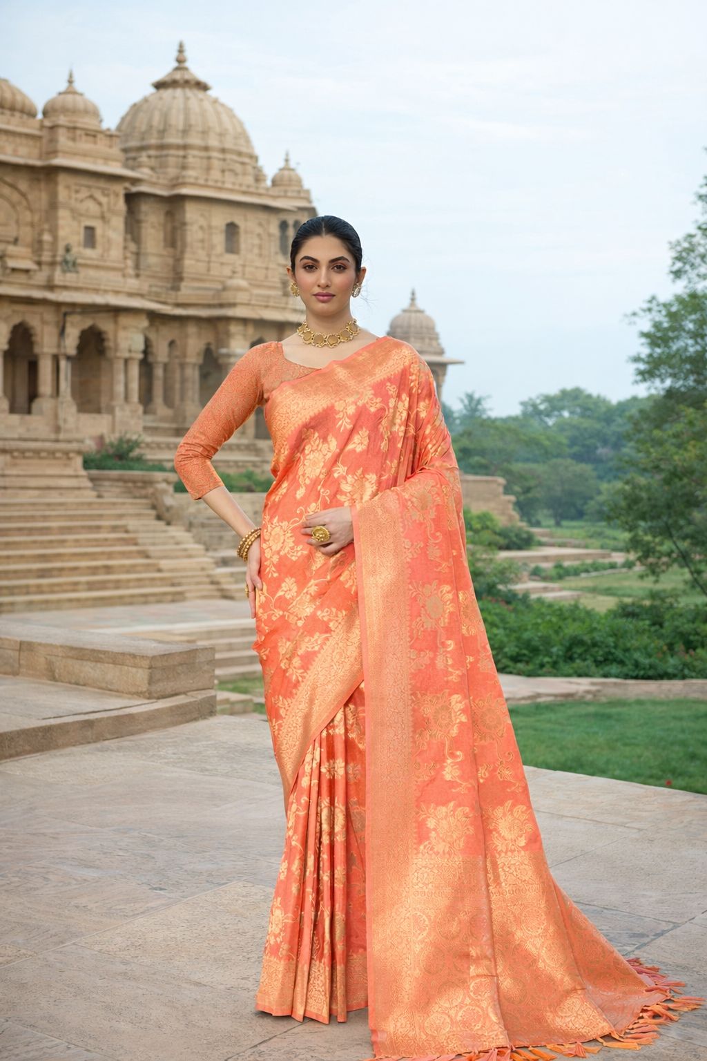 Peach Crepe Silk Designer Saree