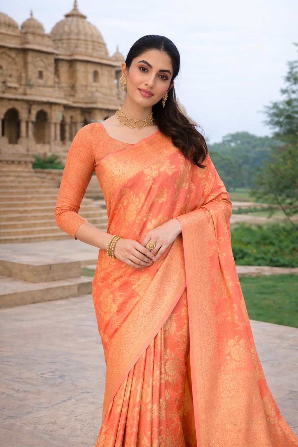 Peach Crepe Silk Designer Saree