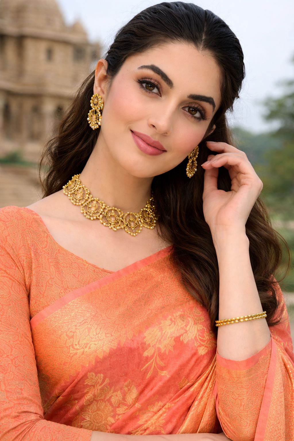 Peach Crepe Silk Designer Saree