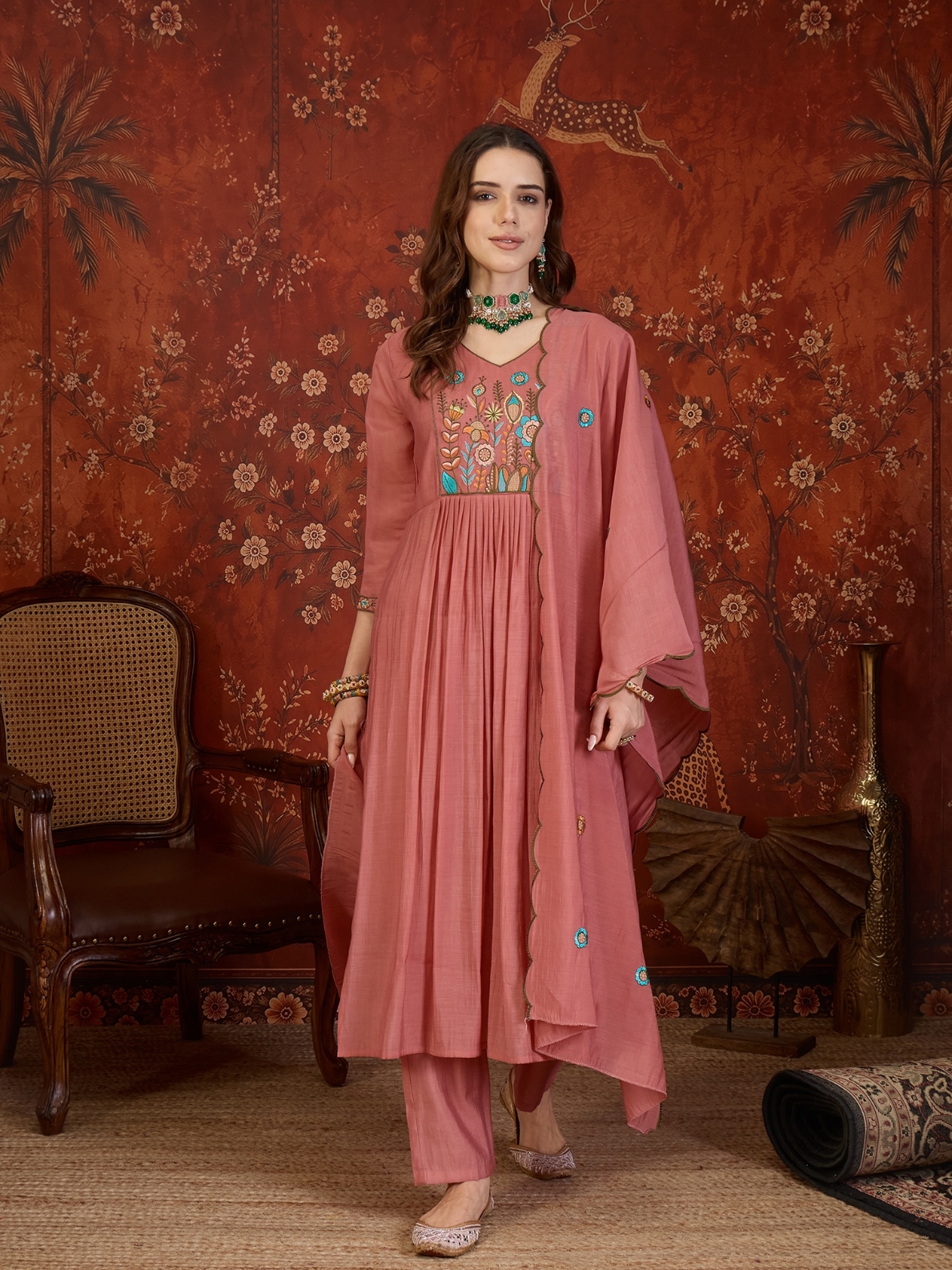 Peach Designer Embroidery Mul Cotton Anarkali Suit