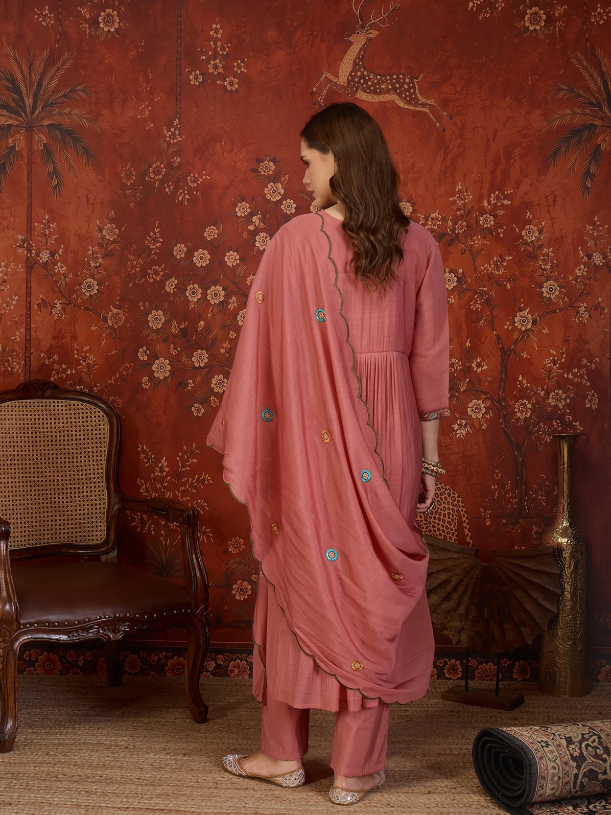 Peach Designer Embroidery Mul Cotton Anarkali Suit — alternate view