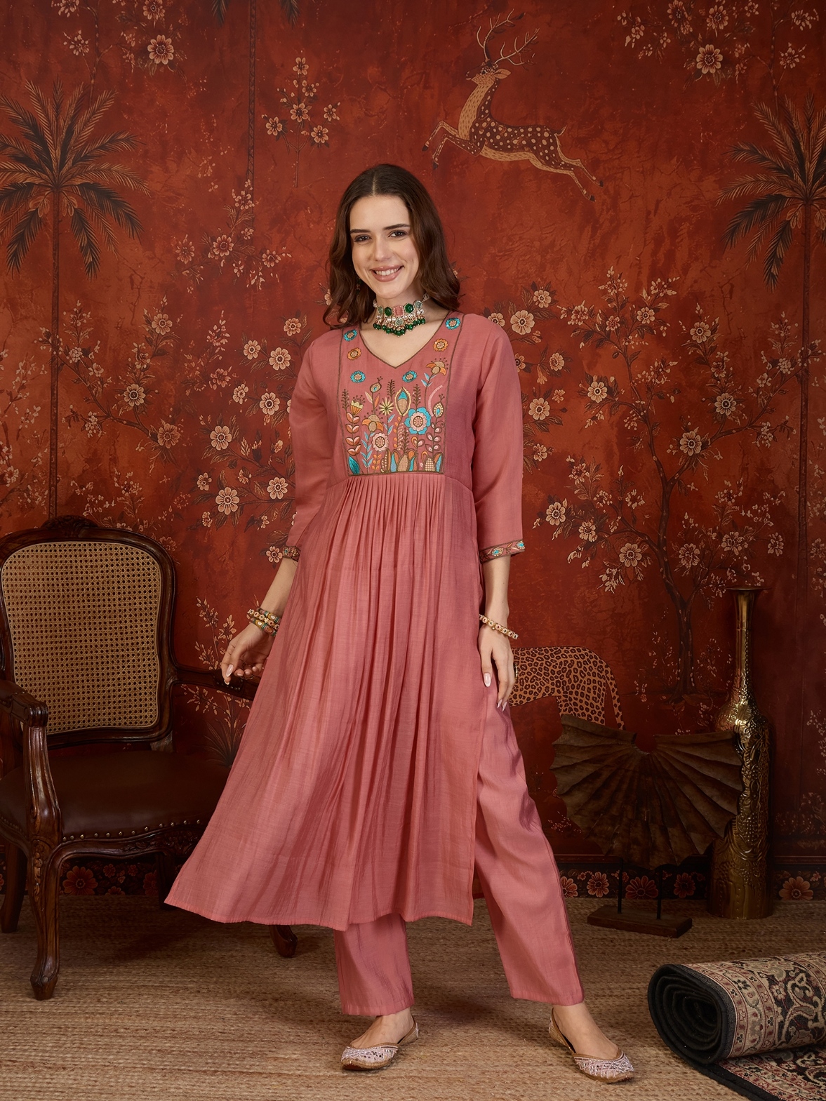 Peach Designer Embroidery Mul Cotton Anarkali Suit