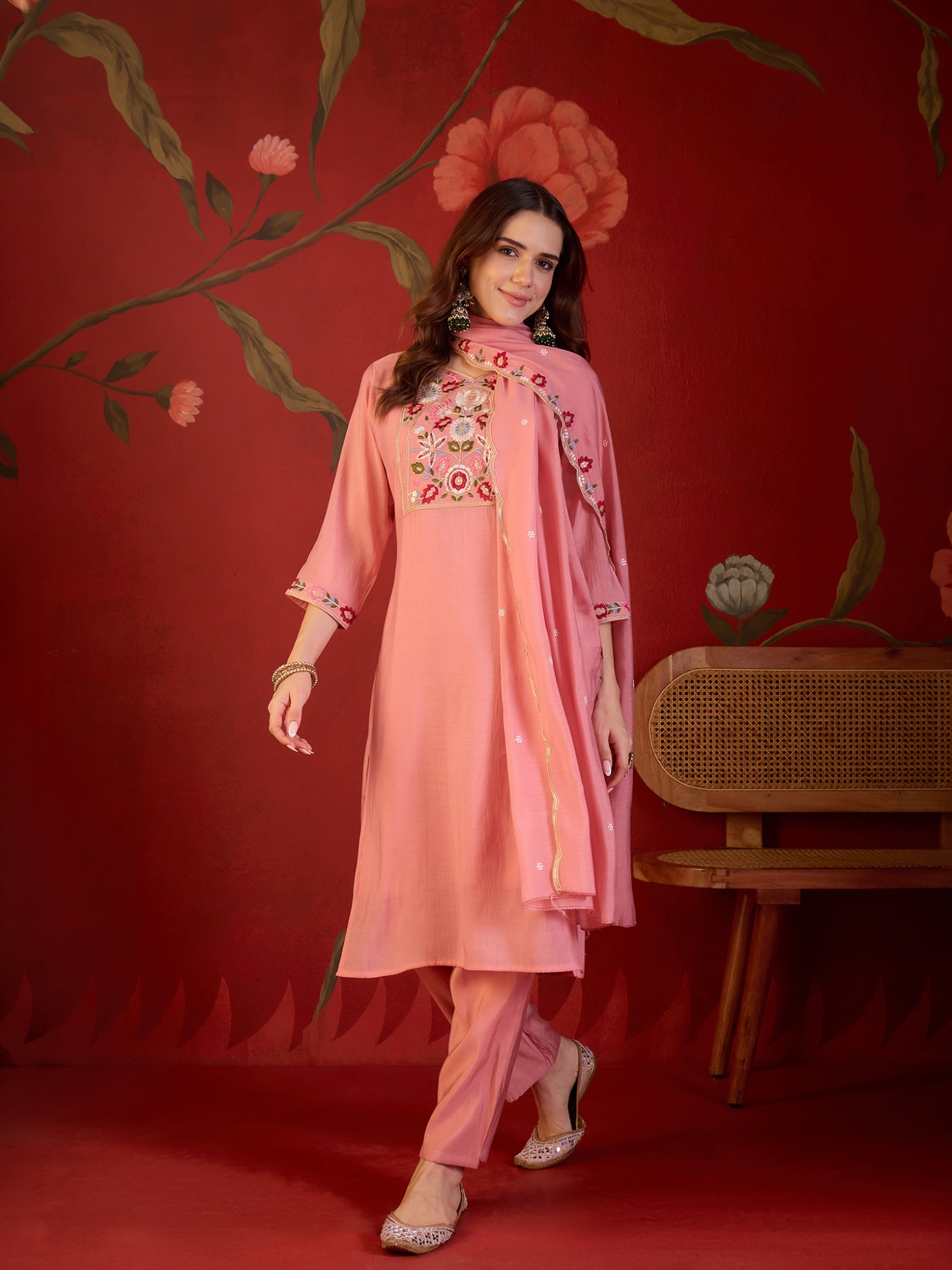 Peach Designer Embroidery Mul Cotton Straight Suit