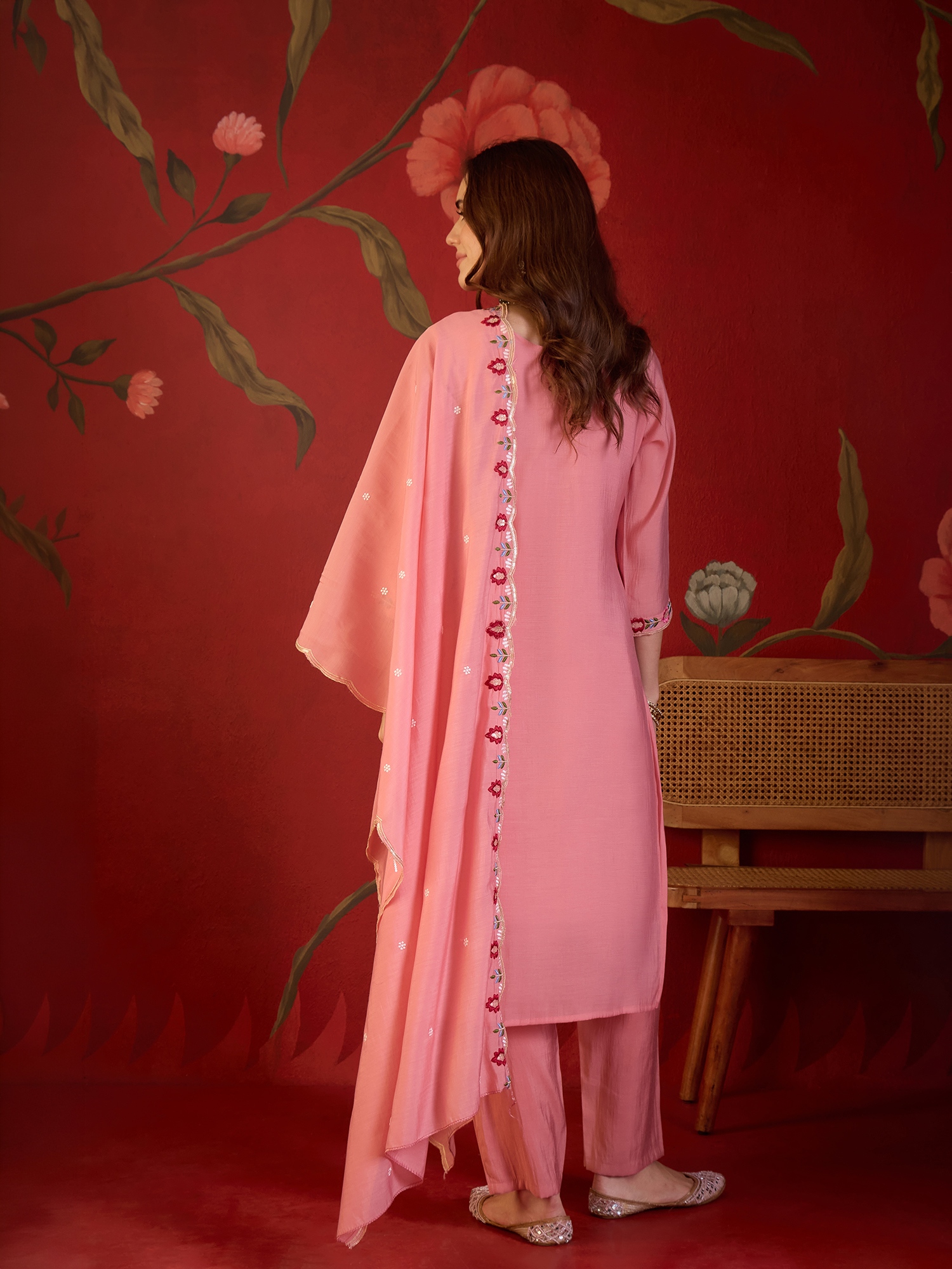 Peach Designer Embroidery Mul Cotton Straight Suit — alternate view