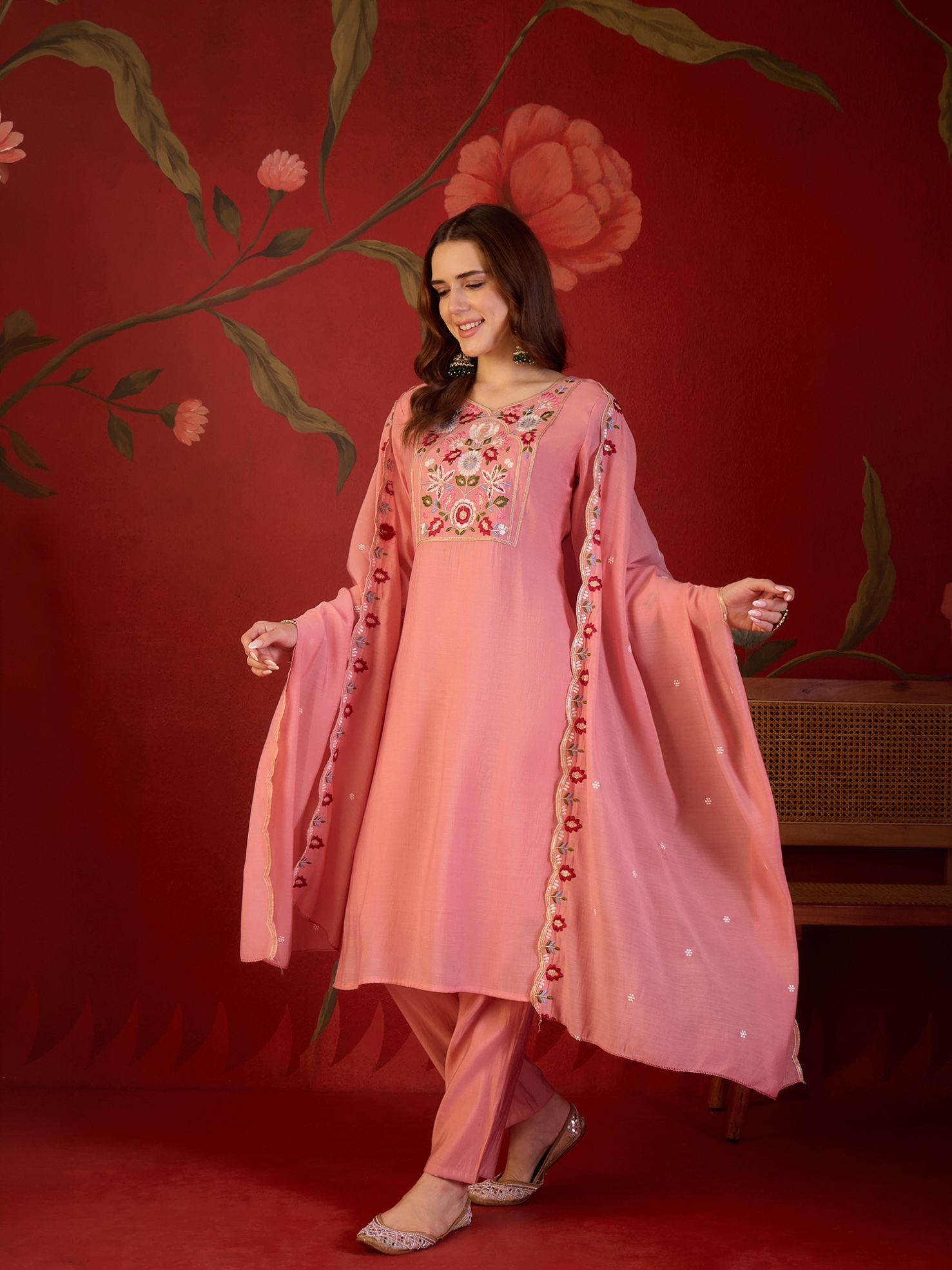 Peach Designer Embroidery Mul Cotton Straight Suit