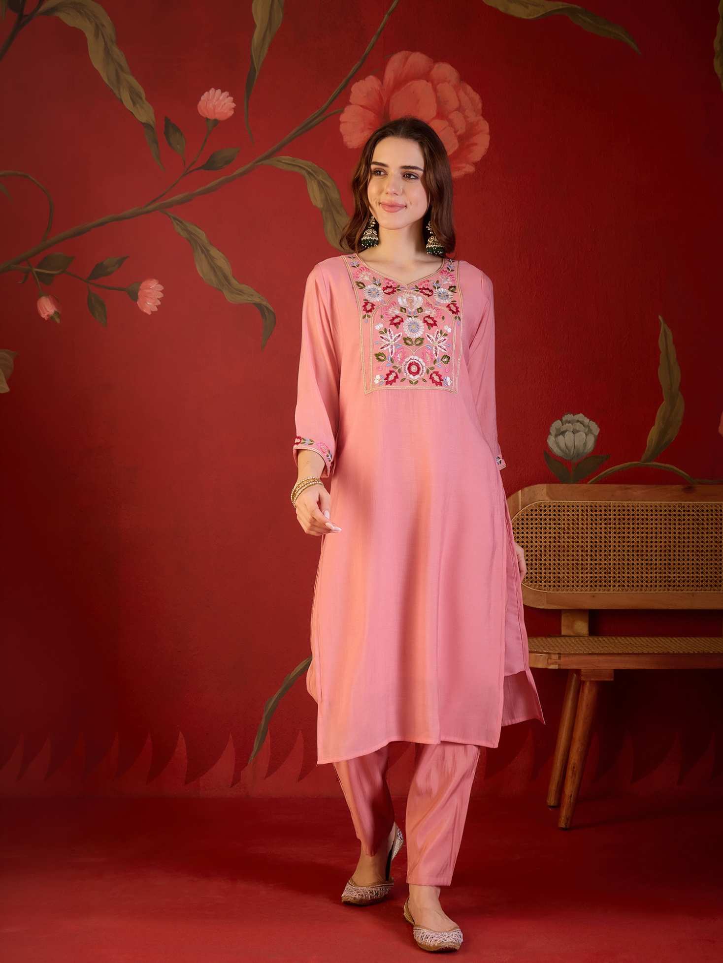 Peach Designer Embroidery Mul Cotton Straight Suit