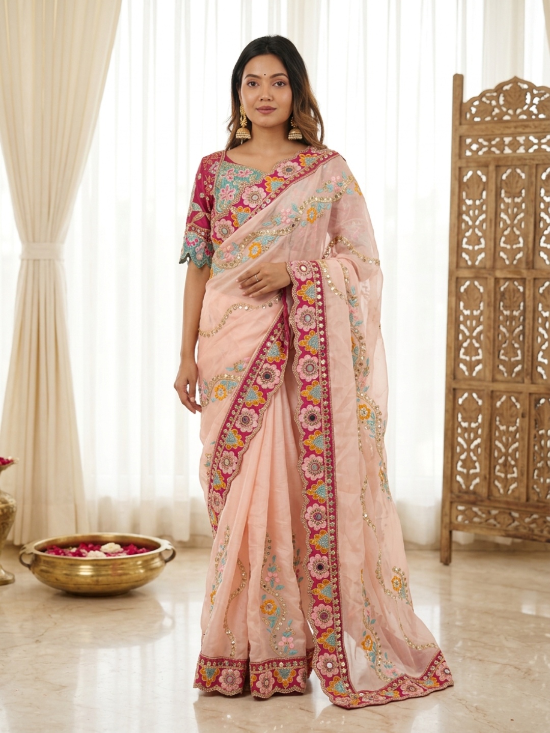 Peach Designer Embroidery Rangoli Silk Saree
