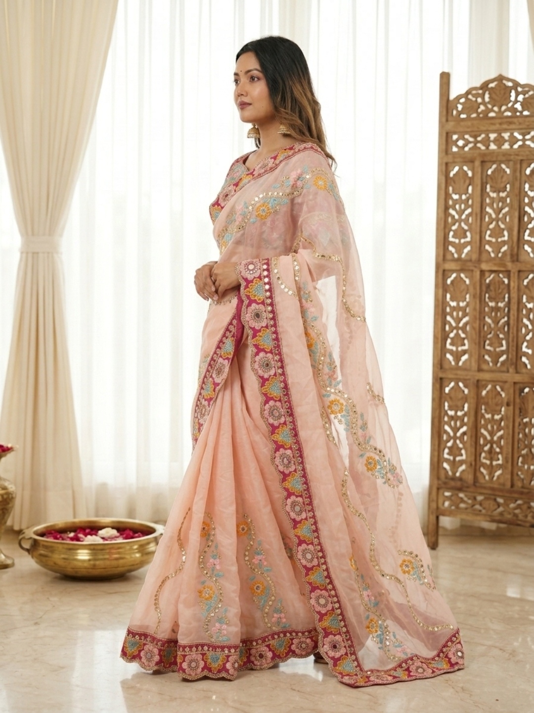Peach Designer Embroidery Rangoli Silk Saree — alternate view