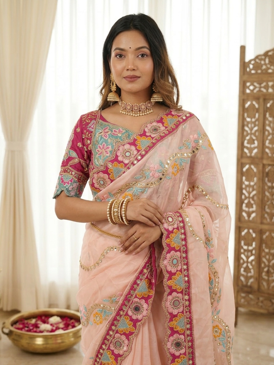 Peach Designer Embroidery Rangoli Silk Saree