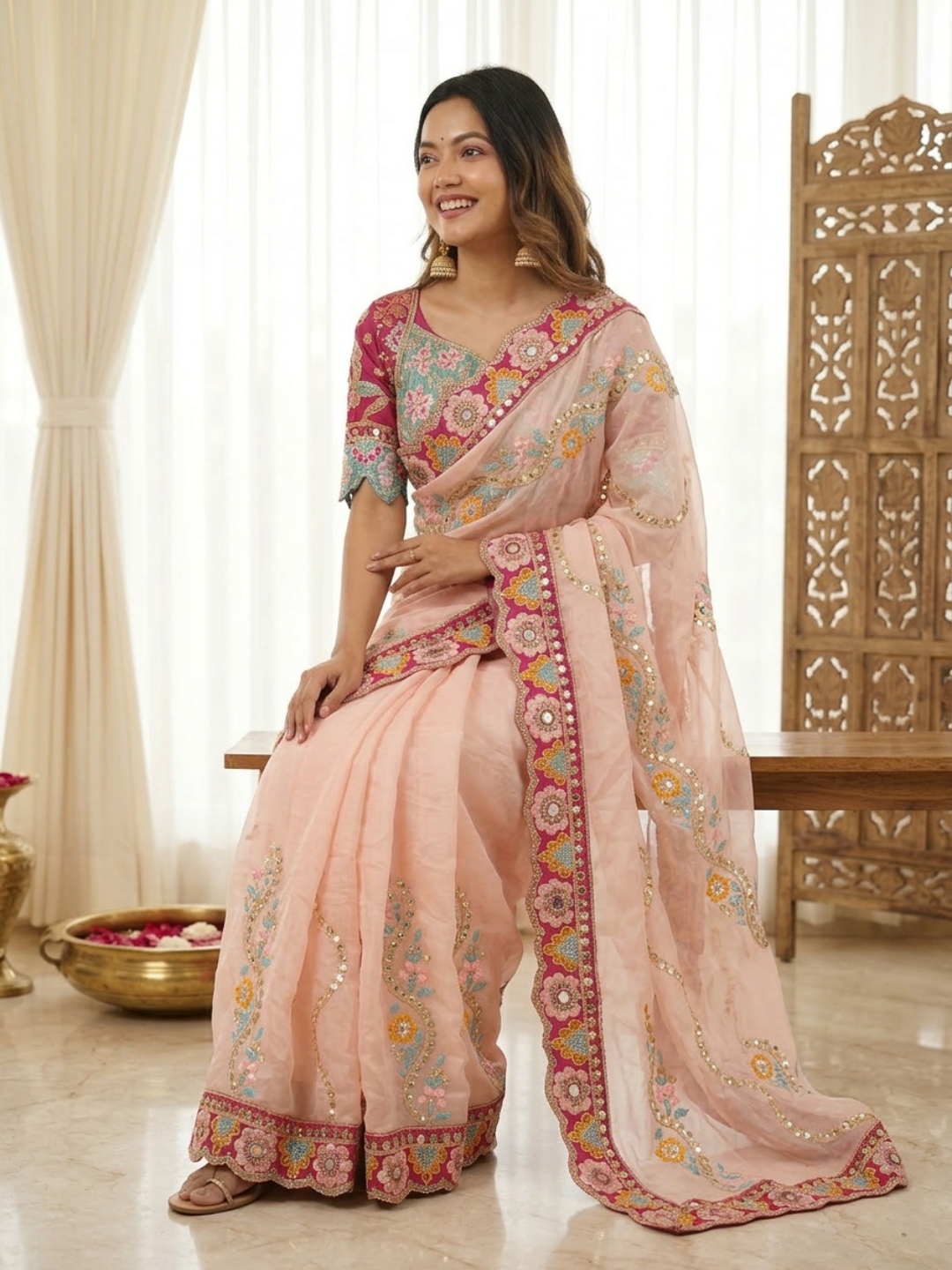 Peach Designer Embroidery Rangoli Silk Saree