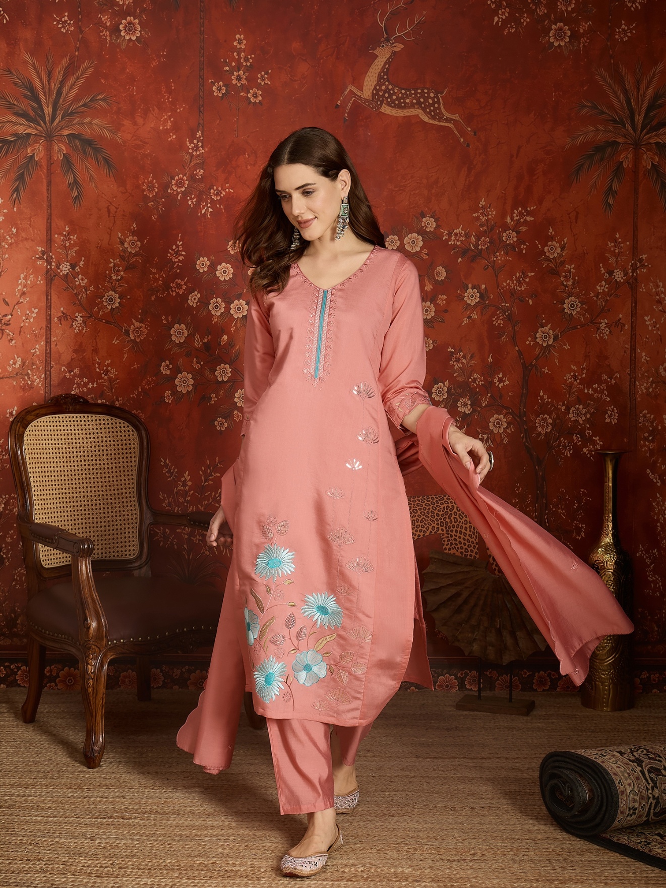 Peach Designer Embroidery Roman Silk Straight Suit