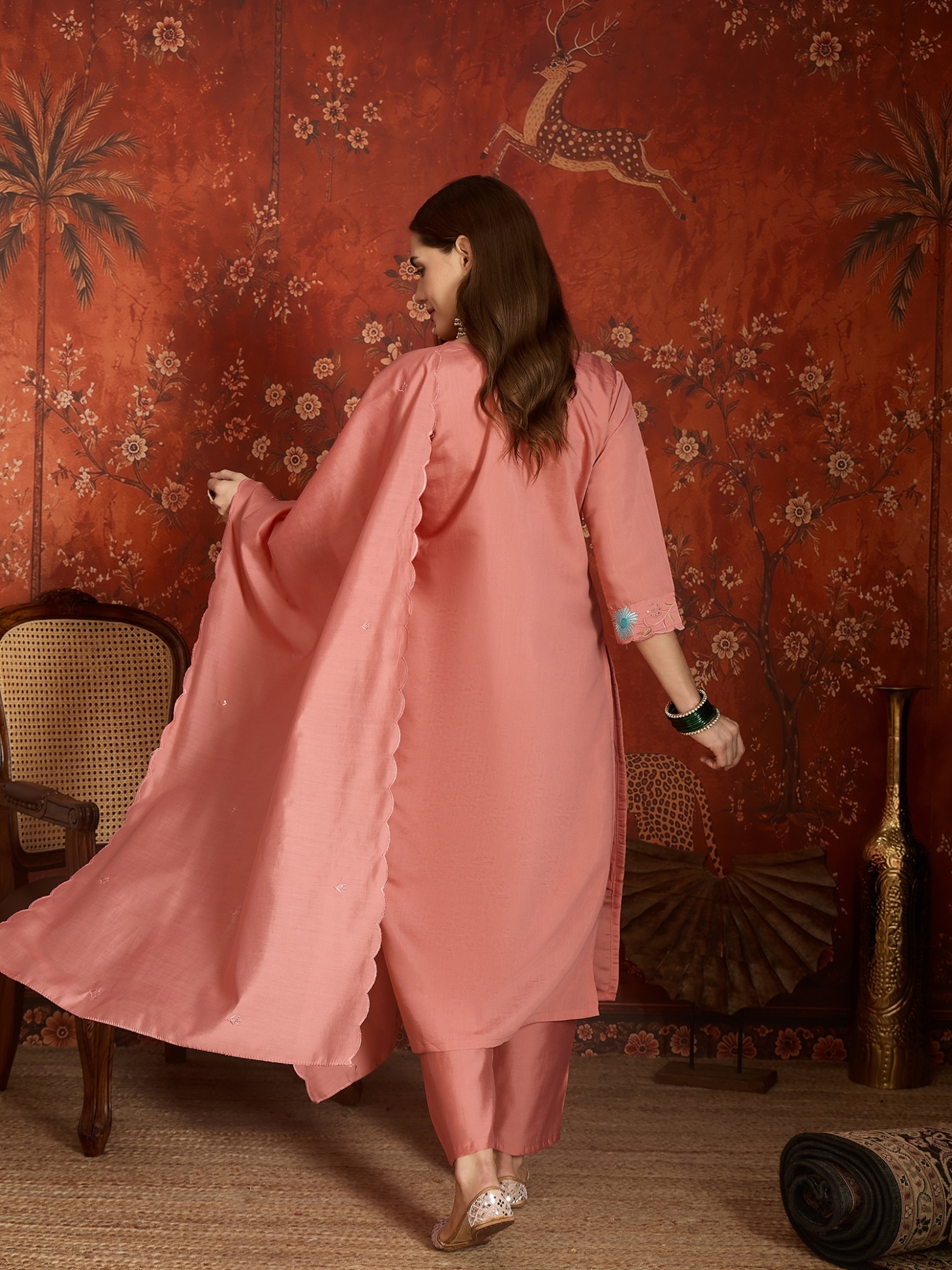 Peach Designer Embroidery Roman Silk Straight Suit — alternate view